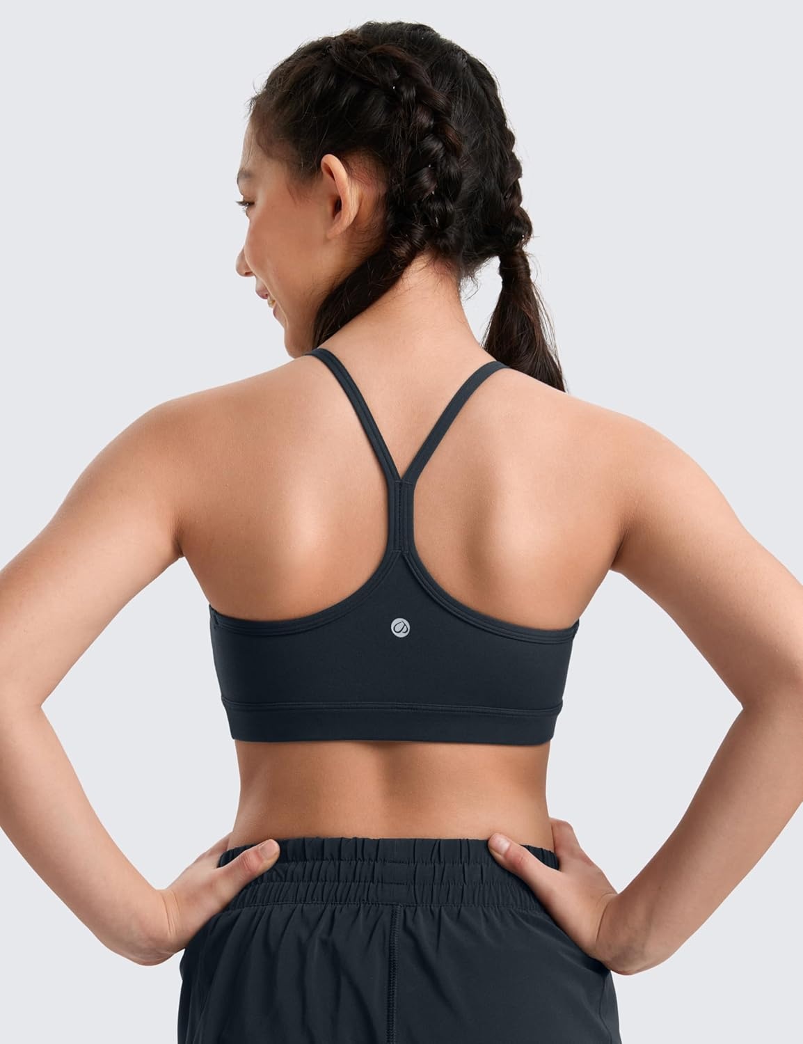 image:imageCRZ YOGA Girls Butterluxe Y Back Sports Bra Yoga Athletic Casual Tops Scoop Neck Spaghetti Strap Padded Crop Kids TeenTrue Navy