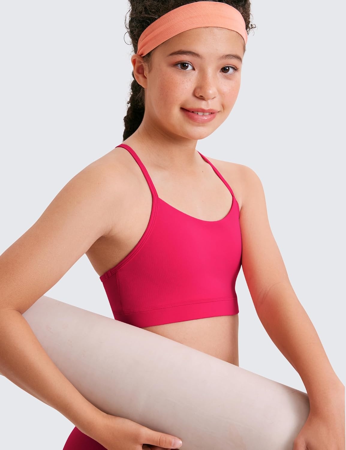 image:imageCRZ YOGA Girls Butterluxe Y Back Sports Bra Yoga Athletic Casual Tops Scoop Neck Spaghetti Strap Padded Crop Kids TeenViva Magenta