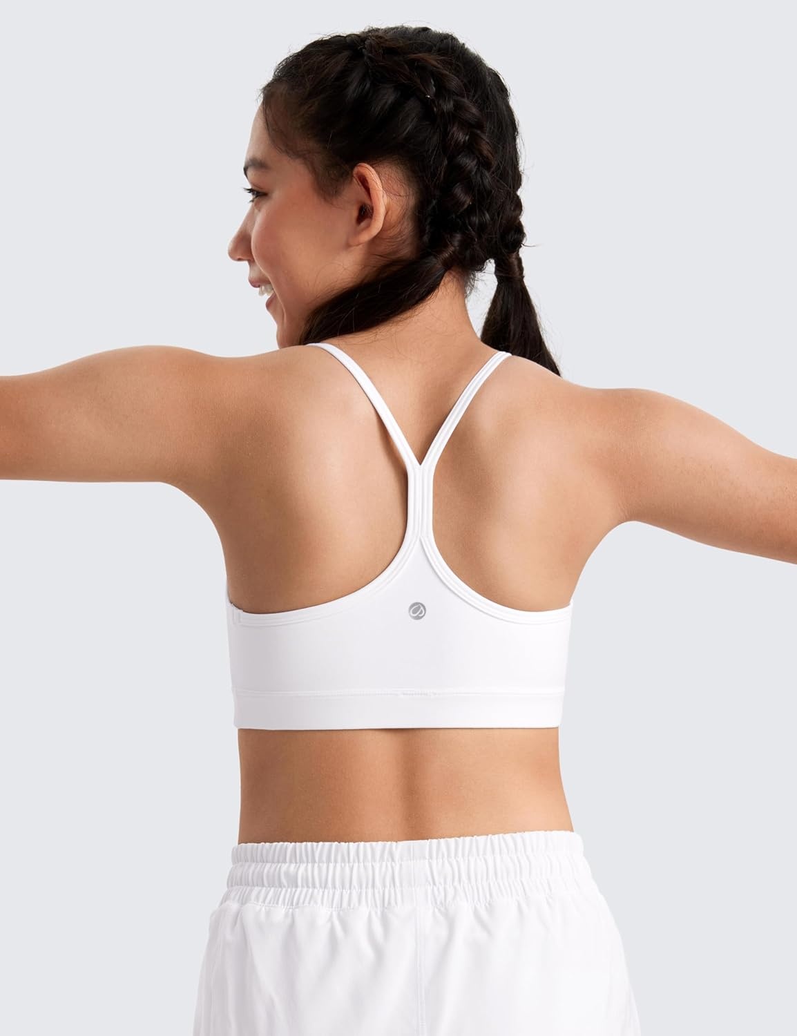 image:imageCRZ YOGA Girls Butterluxe Y Back Sports Bra Yoga Athletic Casual Tops Scoop Neck Spaghetti Strap Padded Crop Kids TeenWhite