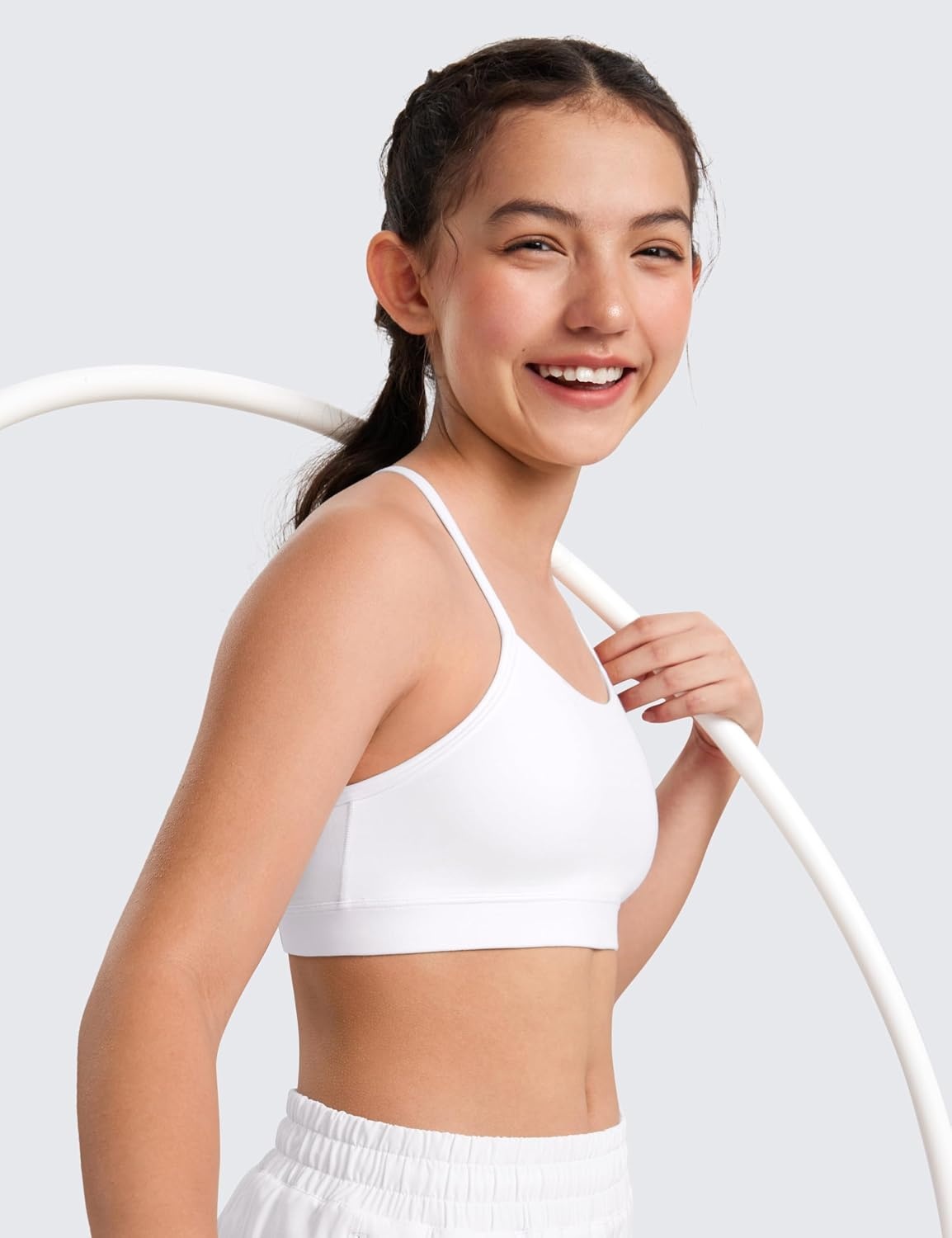 image:imageCRZ YOGA Girls Butterluxe Y Back Sports Bra Yoga Athletic Casual Tops Scoop Neck Spaghetti Strap Padded Crop Kids TeenWhite