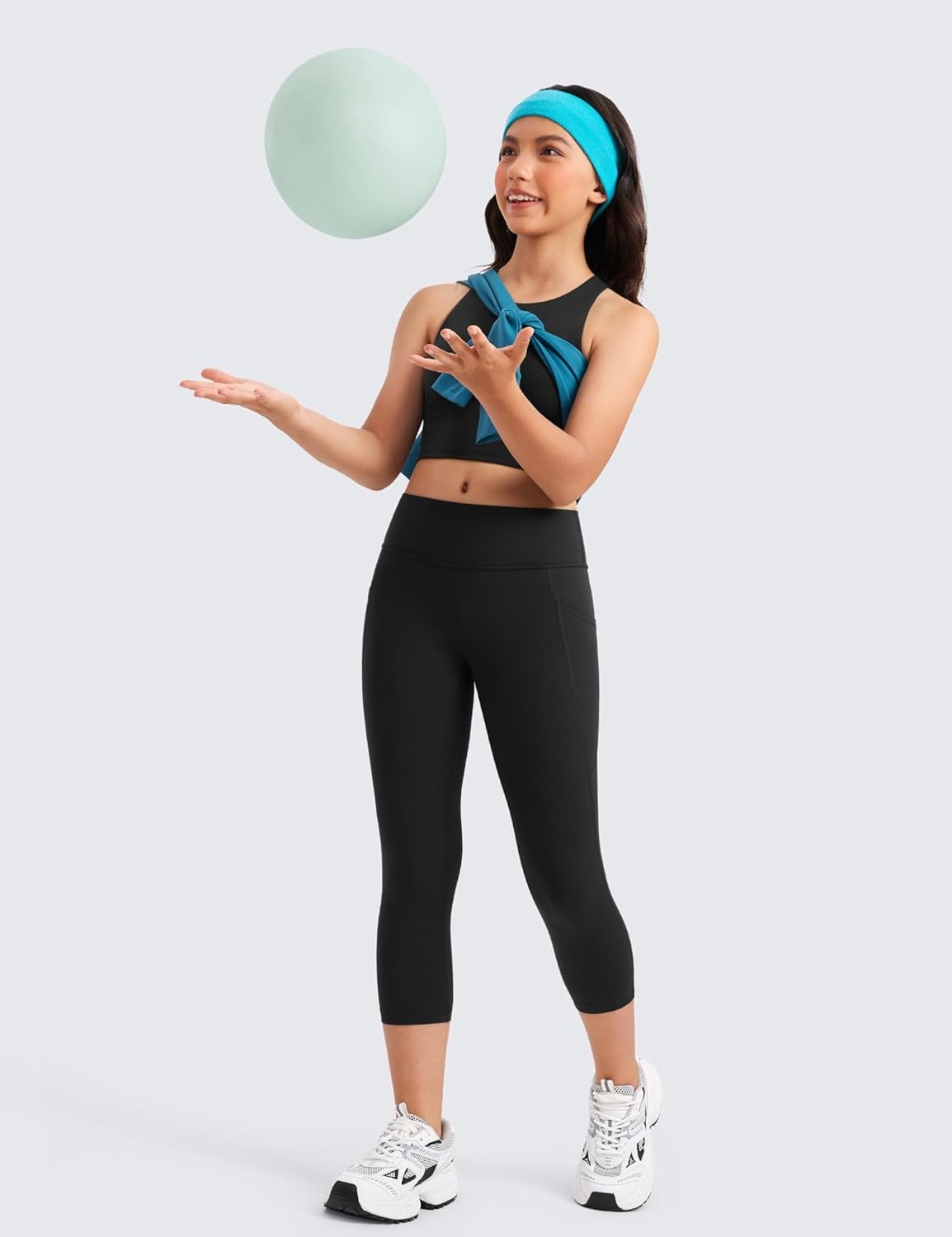 image:imageCRZ YOGA Girls Butterluxe Yoga Capri Leggings with Pockets Athletic Sports Casual Pants High Waist Tights Kids TeenBlack