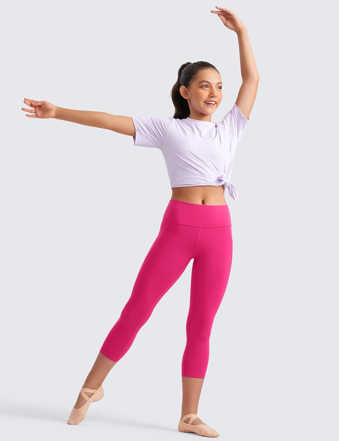 image:imageCRZ YOGA Girls Butterluxe Yoga Capri Leggings with Pockets Athletic Sports Casual Pants High Waist Tights Kids TeenGranita Pink
