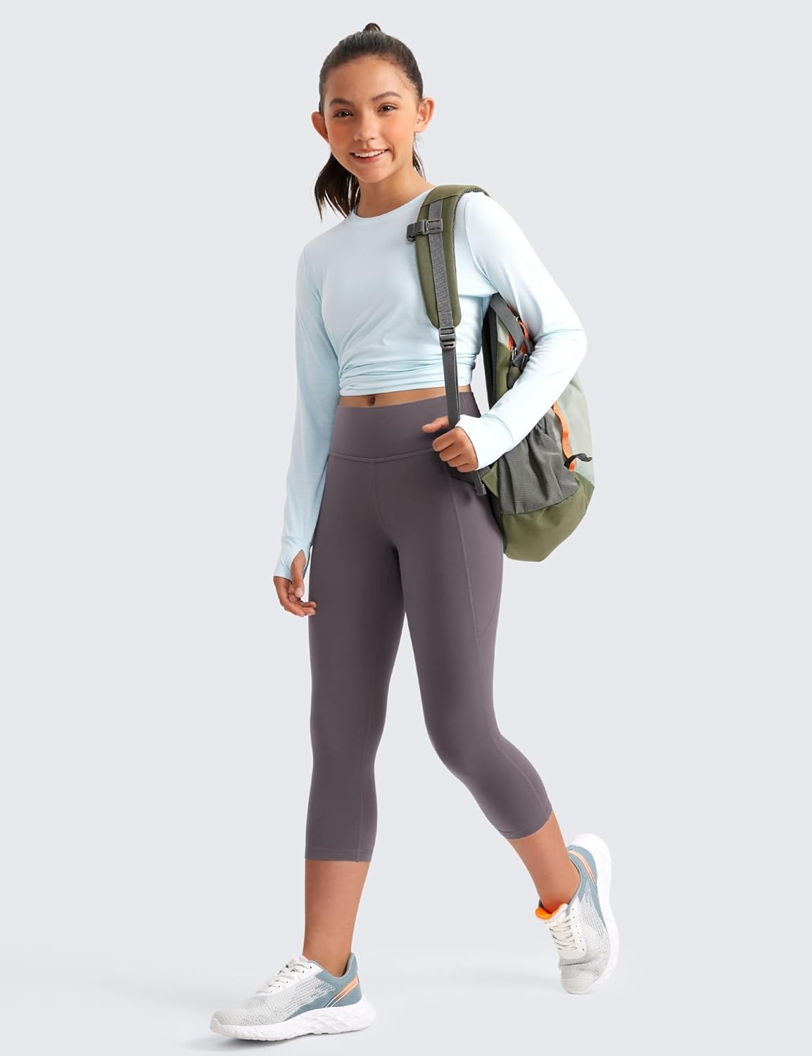 image:imageCRZ YOGA Girls Butterluxe Yoga Capri Leggings with Pockets Athletic Sports Casual Pants High Waist Tights Kids TeenTornado Grey