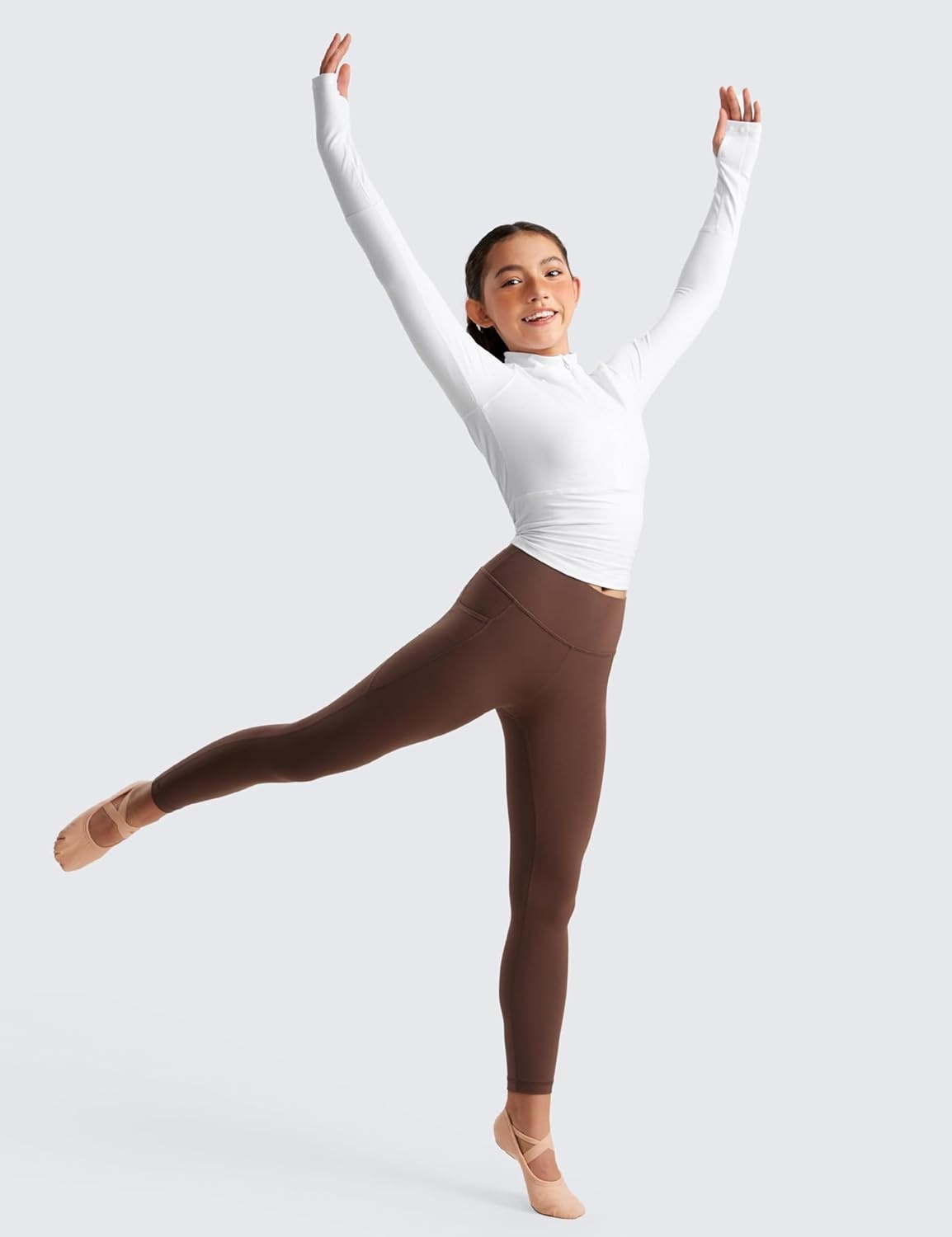 image:imageCRZ YOGA Girls Butterluxe Yoga Leggings with Pockets Athletic Sports Casual Pants High Waist Tights Kids TeenCoffee Brown