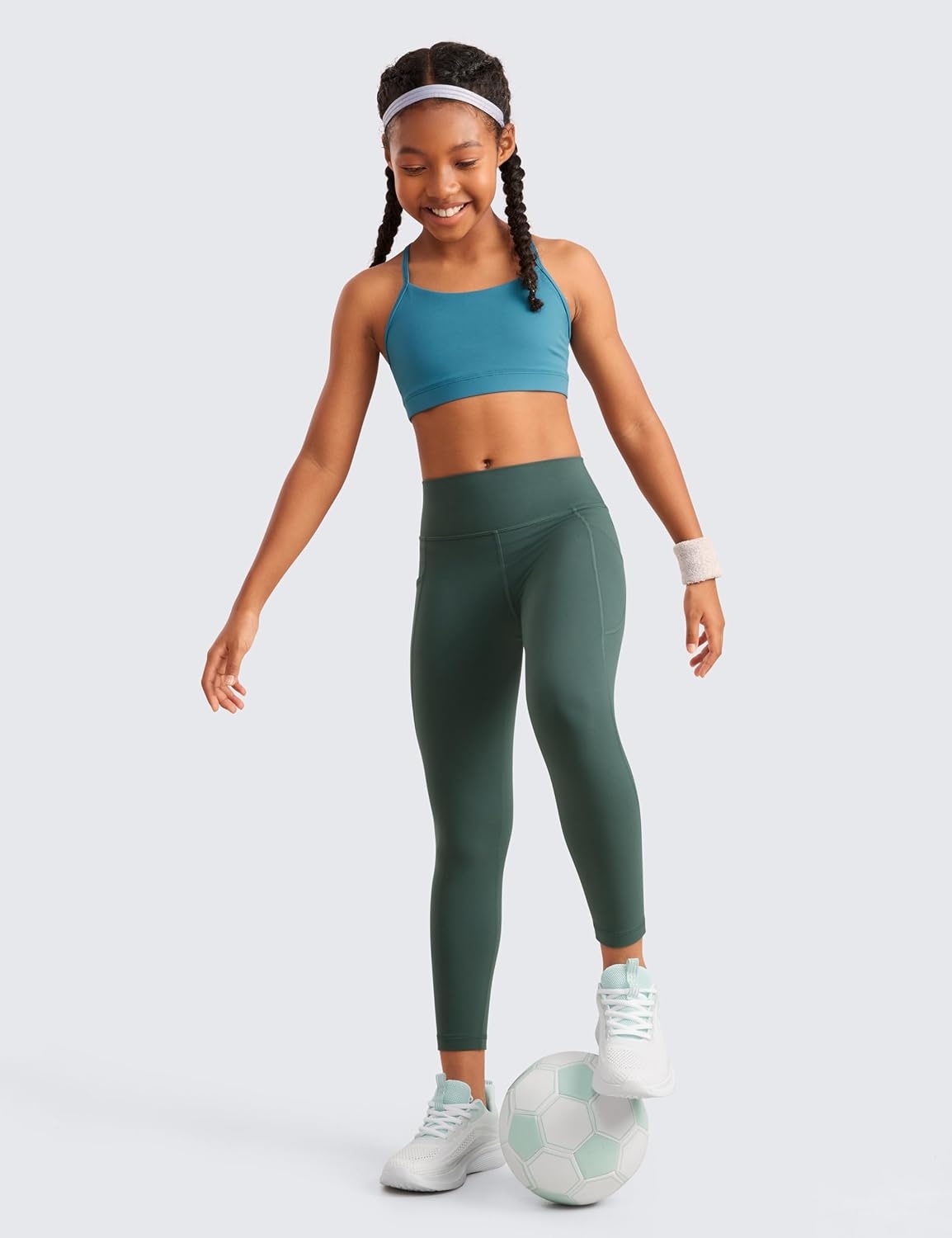 image:imageCRZ YOGA Girls Butterluxe Yoga Leggings with Pockets Athletic Sports Casual Pants High Waist Tights Kids TeenDark Forest Green