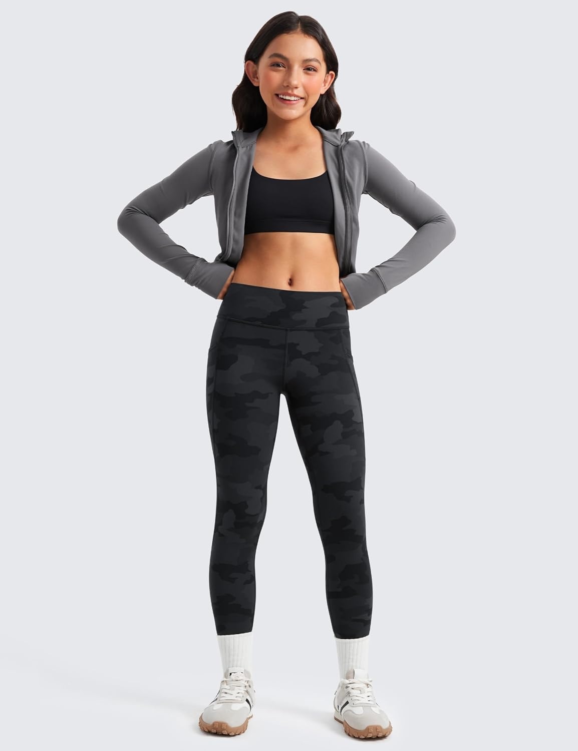 image:imageCRZ YOGA Girls Butterluxe Yoga Leggings with Pockets Athletic Sports Casual Pants High Waist Tights Kids TeenDark Grey Camouflage 2