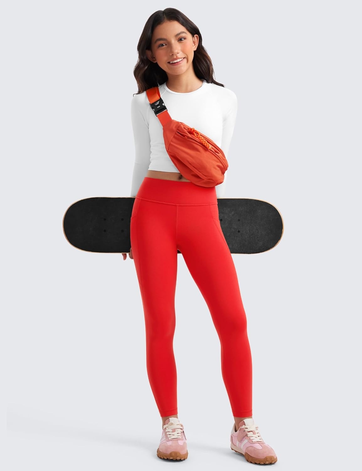 image:imageCRZ YOGA Girls Butterluxe Yoga Leggings with Pockets Athletic Sports Casual Pants High Waist Tights Kids TeenDeep Red