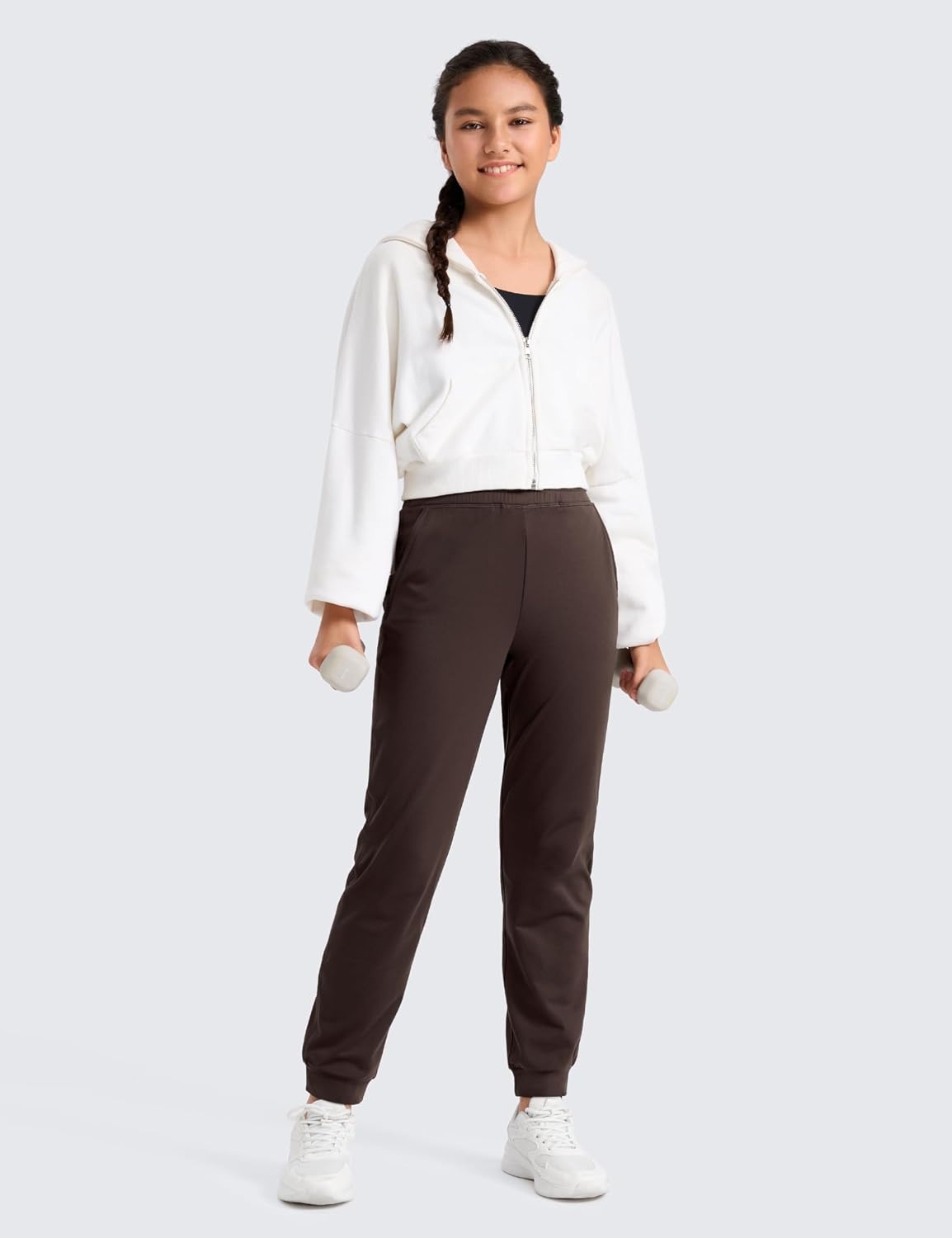 image:imageCRZ YOGA Girls Cloud Jersey Casual Joggers Lounge High Waist Pants with Pockets Drawstring Kids TeenHot Fudge Brown