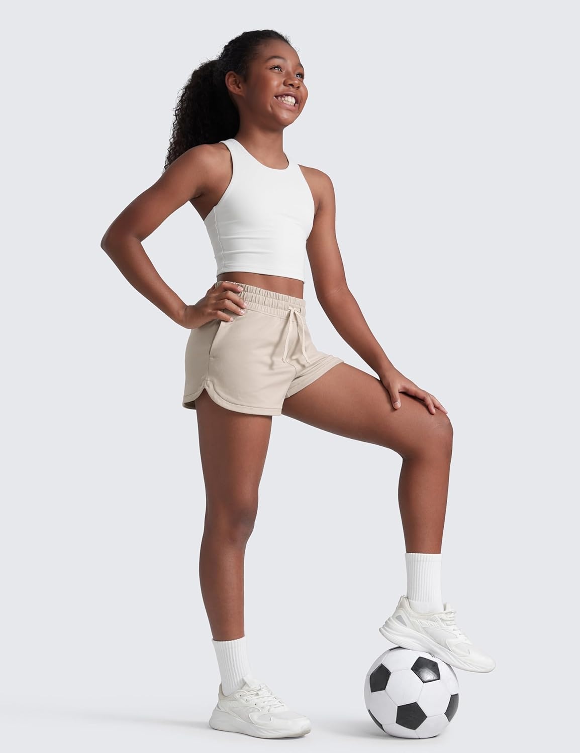 image:imageCRZ YOGA Girls Cloud Jersey Dolphin Casual Sweat Shorts Lounge Athletic Tennis Soccer Pockets Drawstring Kids TeenMojave Tan