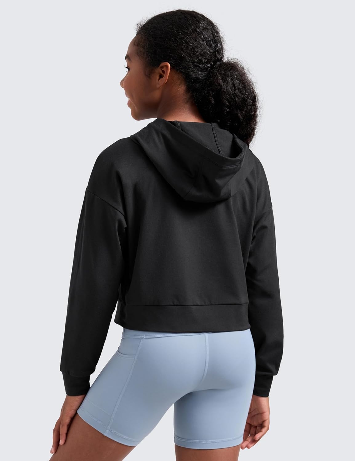 image:imageCRZ YOGA Girls Cloud Jersey Long Sleeve Casual Hoodie Lounge Pullover Sweatshirts Hooded Relaxed Waist Length Kids TeenBlack