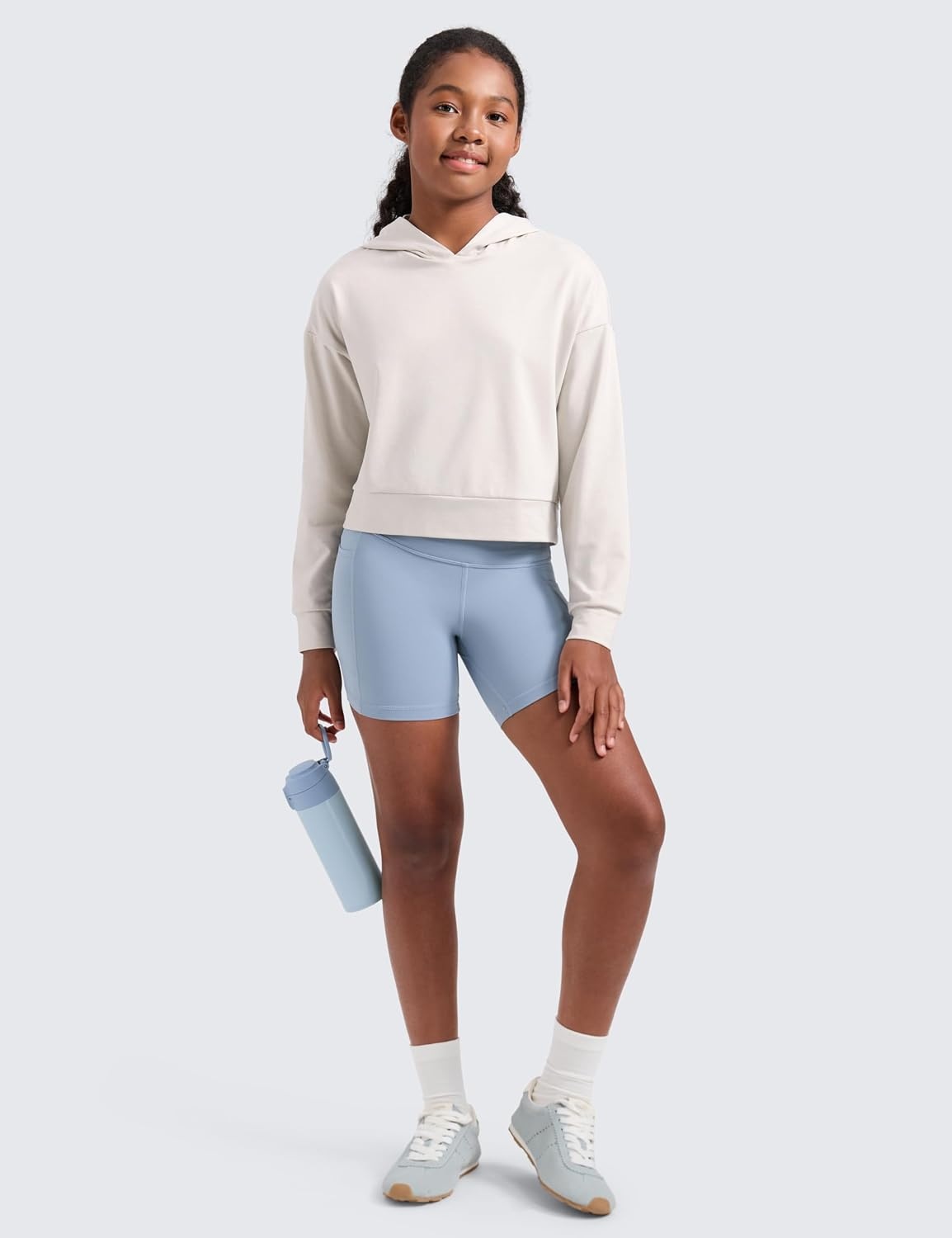 image:imageCRZ YOGA Girls Cloud Jersey Long Sleeve Casual Hoodie Lounge Pullover Sweatshirts Hooded Relaxed Waist Length Kids TeenMilky White