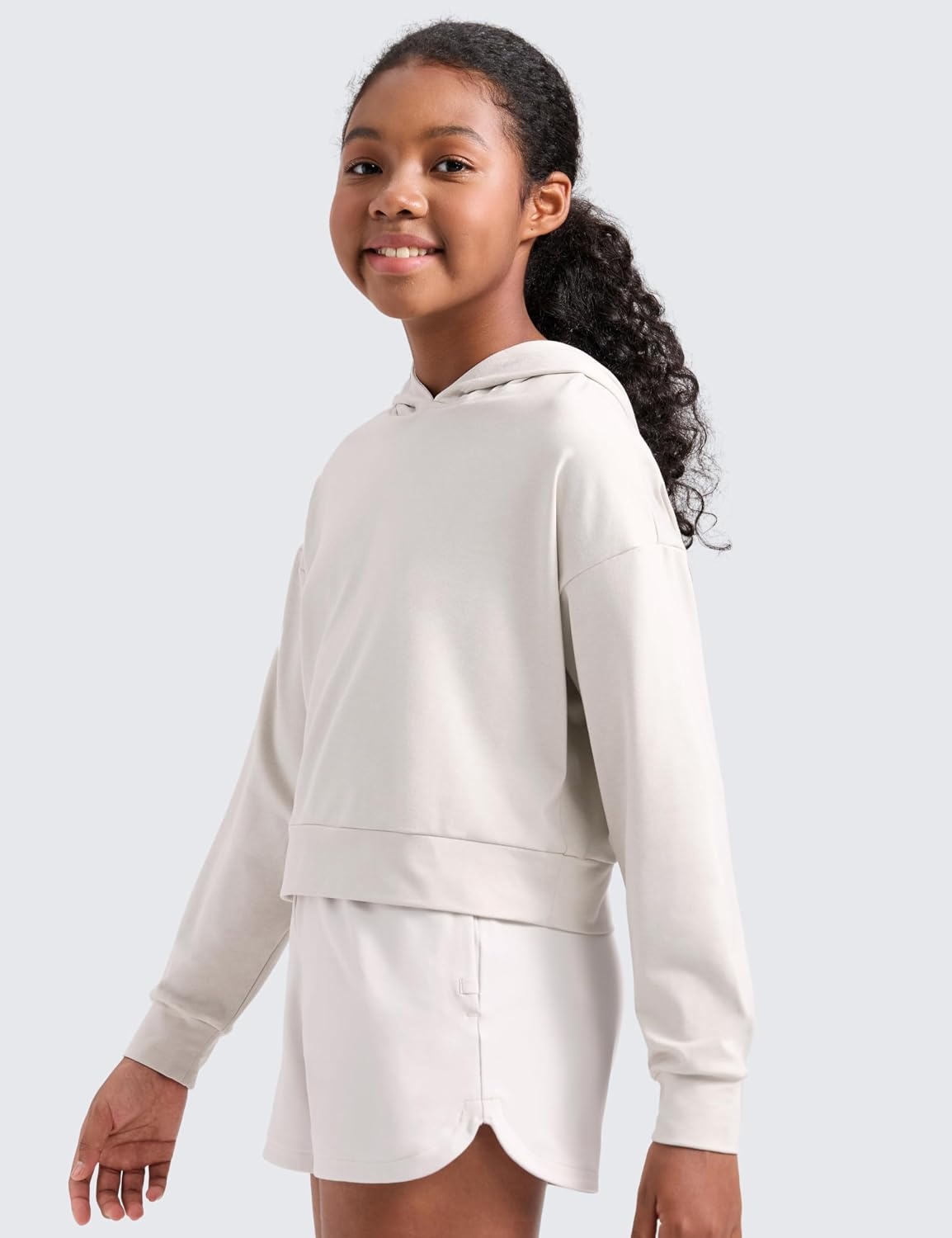 image:imageCRZ YOGA Girls Cloud Jersey Long Sleeve Casual Hoodie Lounge Pullover Sweatshirts Hooded Relaxed Waist Length Kids TeenMilky White