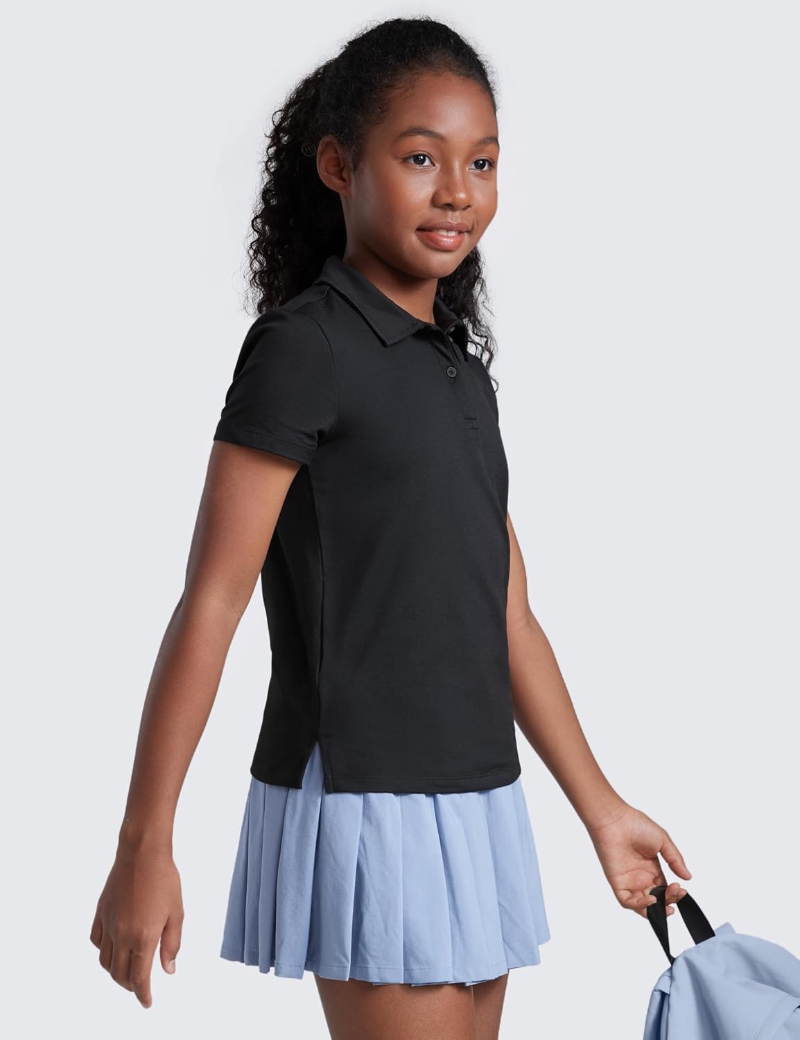 image:imageCRZ YOGA Girls Cloud Jersey Short Sleeve Casual Polo Shirts School Uniform Tennis Golf Hip Length Side Splits Kids TeenBlack