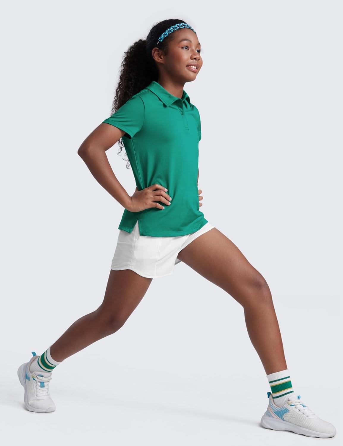 image:imageCRZ YOGA Girls Cloud Jersey Short Sleeve Casual Polo Shirts School Uniform Tennis Golf Hip Length Side Splits Kids TeenCascadia Green