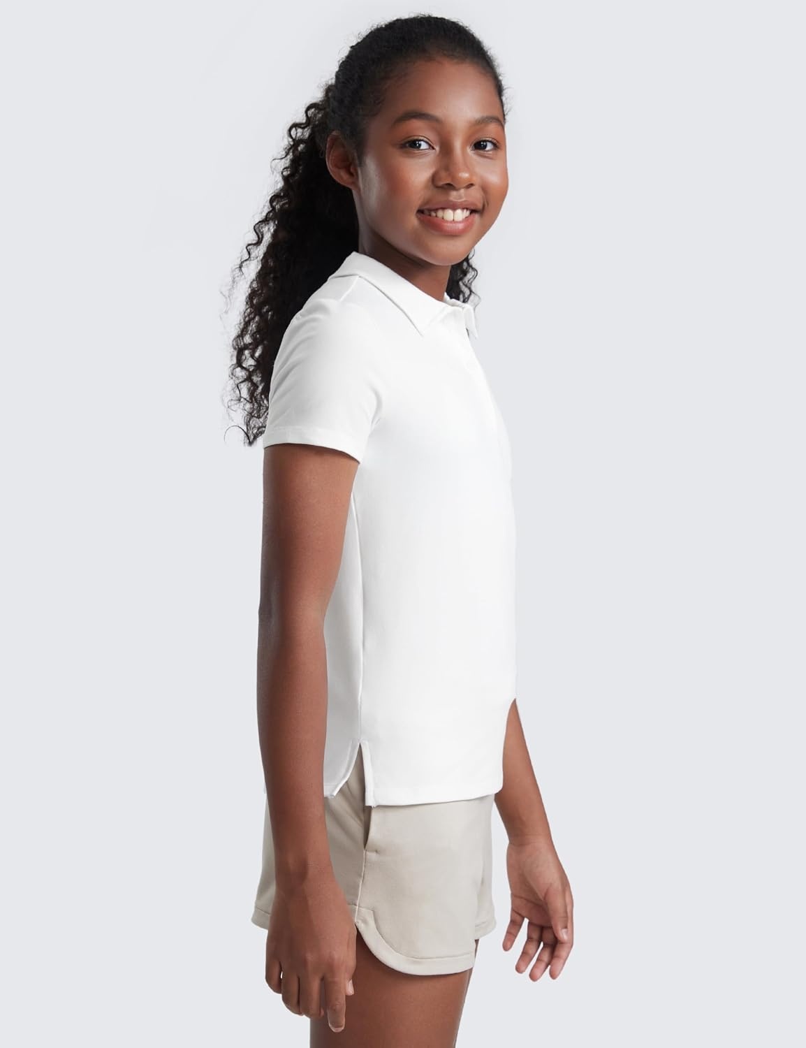 image:imageCRZ YOGA Girls Cloud Jersey Short Sleeve Casual Polo Shirts School Uniform Tennis Golf Hip Length Side Splits Kids TeenWhite