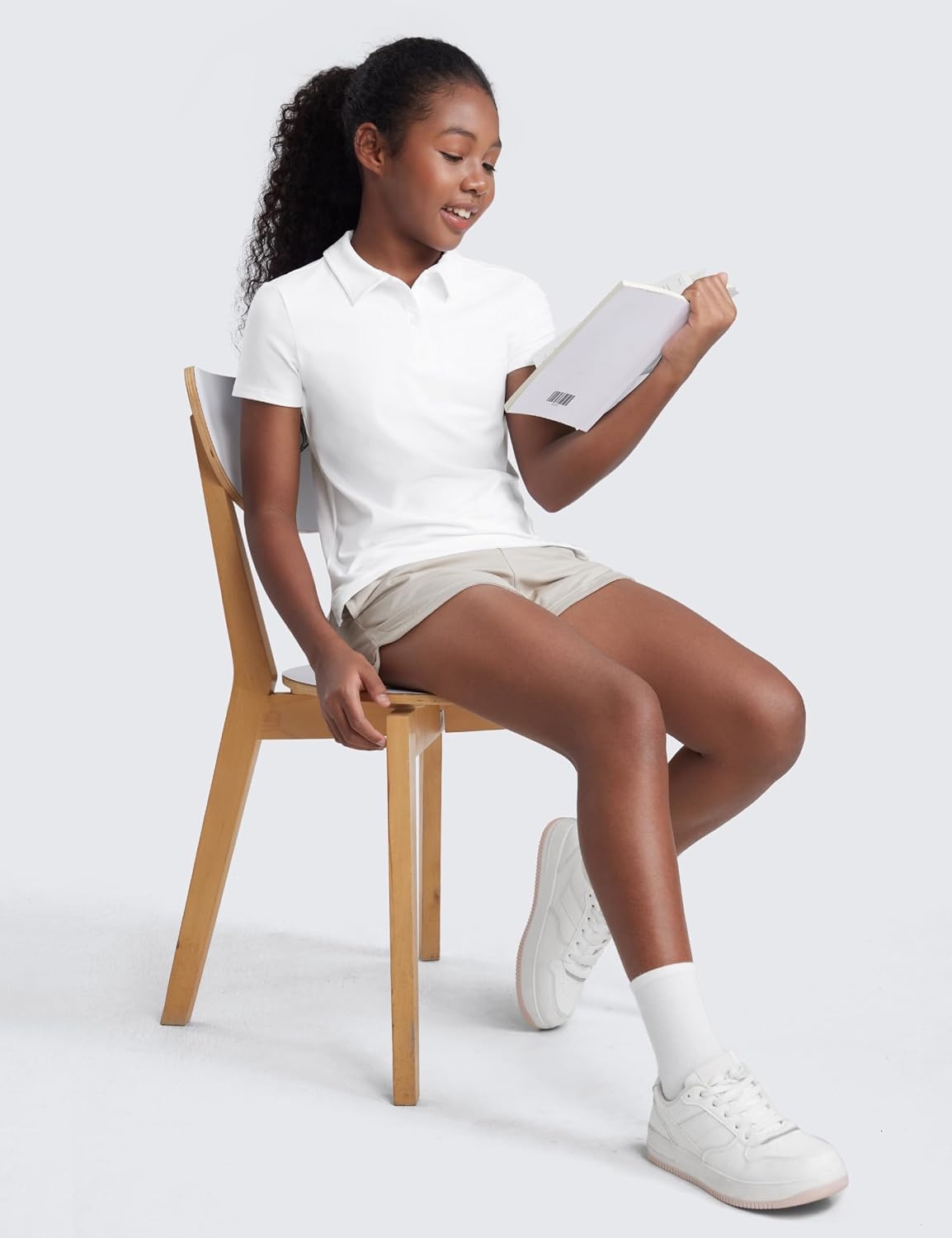 image:imageCRZ YOGA Girls Cloud Jersey Short Sleeve Casual Polo Shirts School Uniform Tennis Golf Hip Length Side Splits Kids TeenWhite