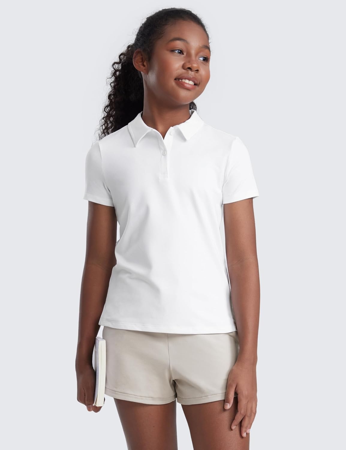 image:imageCRZ YOGA Girls Cloud Jersey Short Sleeve Casual Polo Shirts School Uniform Tennis Golf Hip Length Side Splits Kids TeenWhite