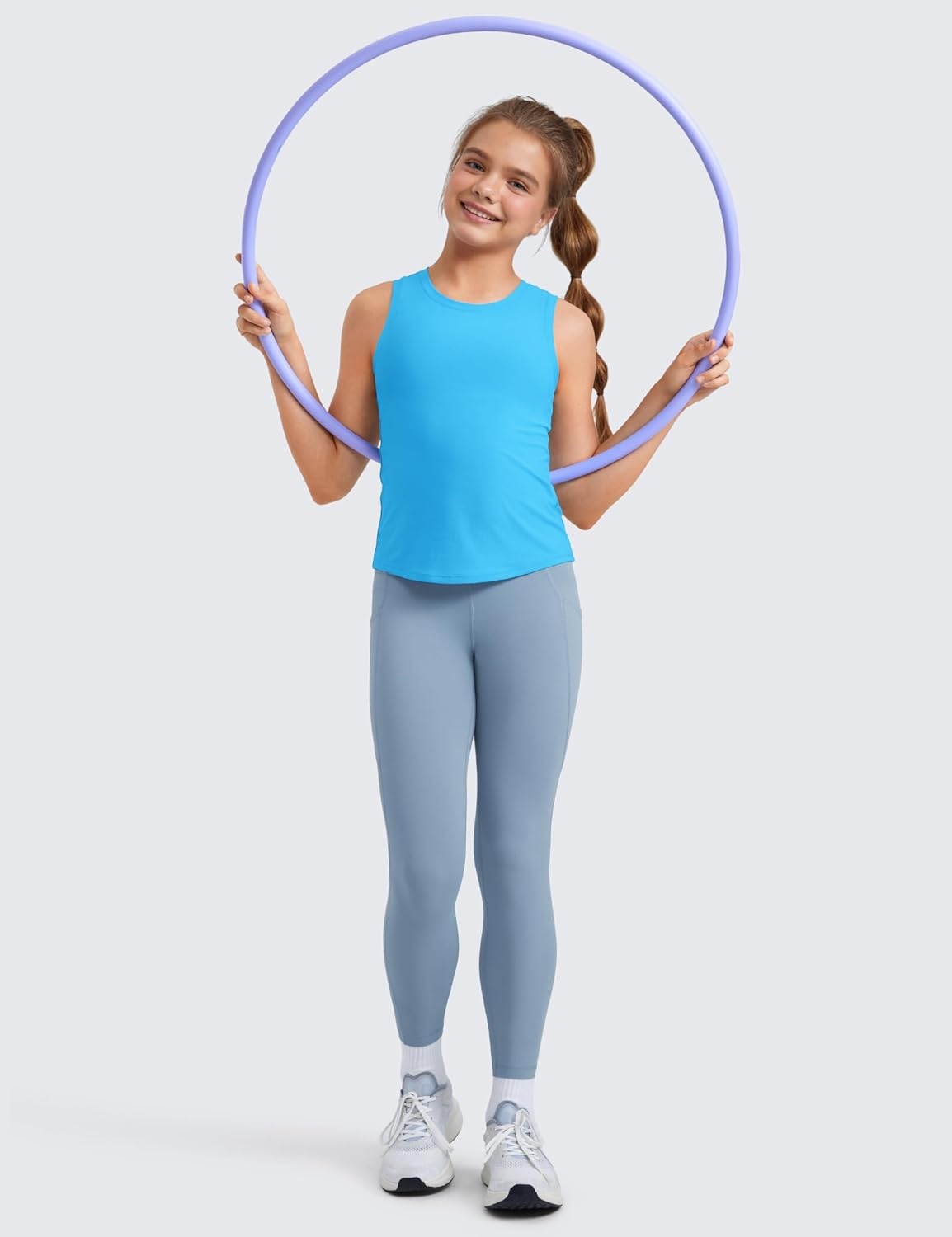 image:imageCRZ YOGA Girls Cloudweight Athletic Tank Tops Hip Length Active Dance Casual Crew Neck Sleeveless Kids TeenKayak Blue