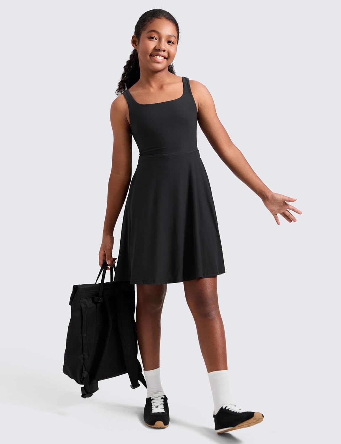 image:imageCRZ YOGA Girls Cloudweight Double Lined Square Neck Casual Dress Dance Tennis Athletic Pockets Knee Length Sleeveless TeenBlack