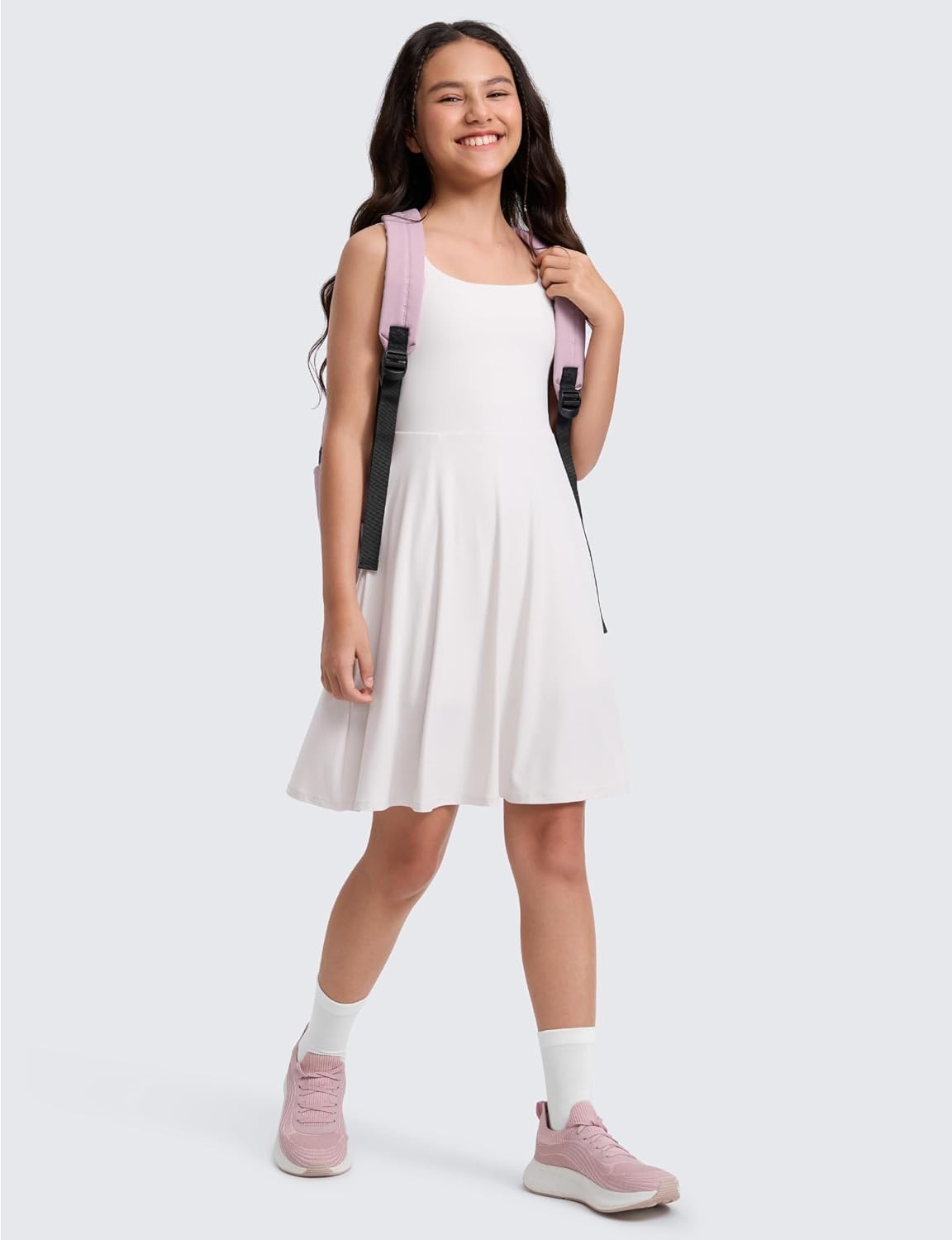 image:imageCRZ YOGA Girls Cloudweight Double Lined Square Neck Casual Dress Dance Tennis Athletic Pockets Knee Length Sleeveless TeenMilky White