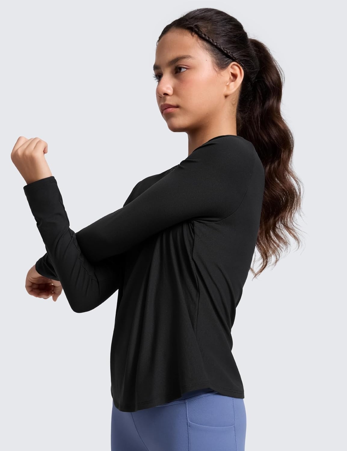 image:imageCRZ YOGA Girls Cloudweight Long Sleeve Athletic Shirts Active Sports Casual Tees Crew Neck Side Slit Winter Kids TeenBlack