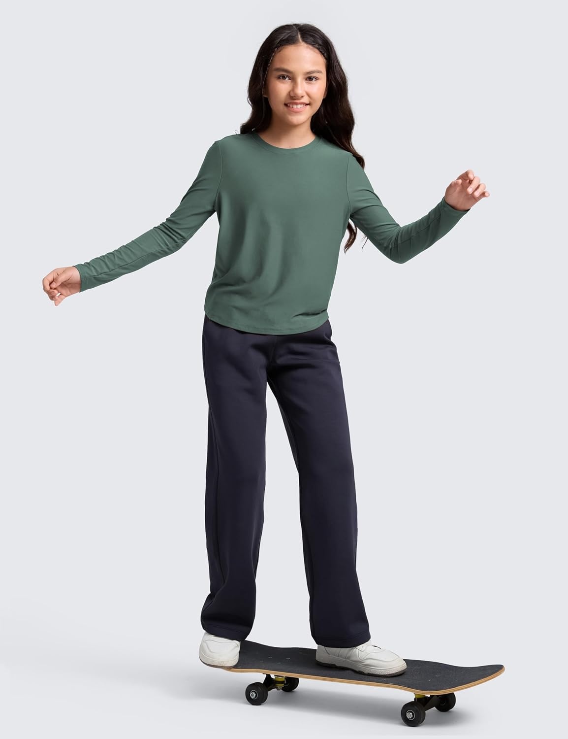 image:imageCRZ YOGA Girls Cloudweight Long Sleeve Athletic Shirts Active Sports Casual Tees Crew Neck Side Slit Winter Kids TeenGraphite Green