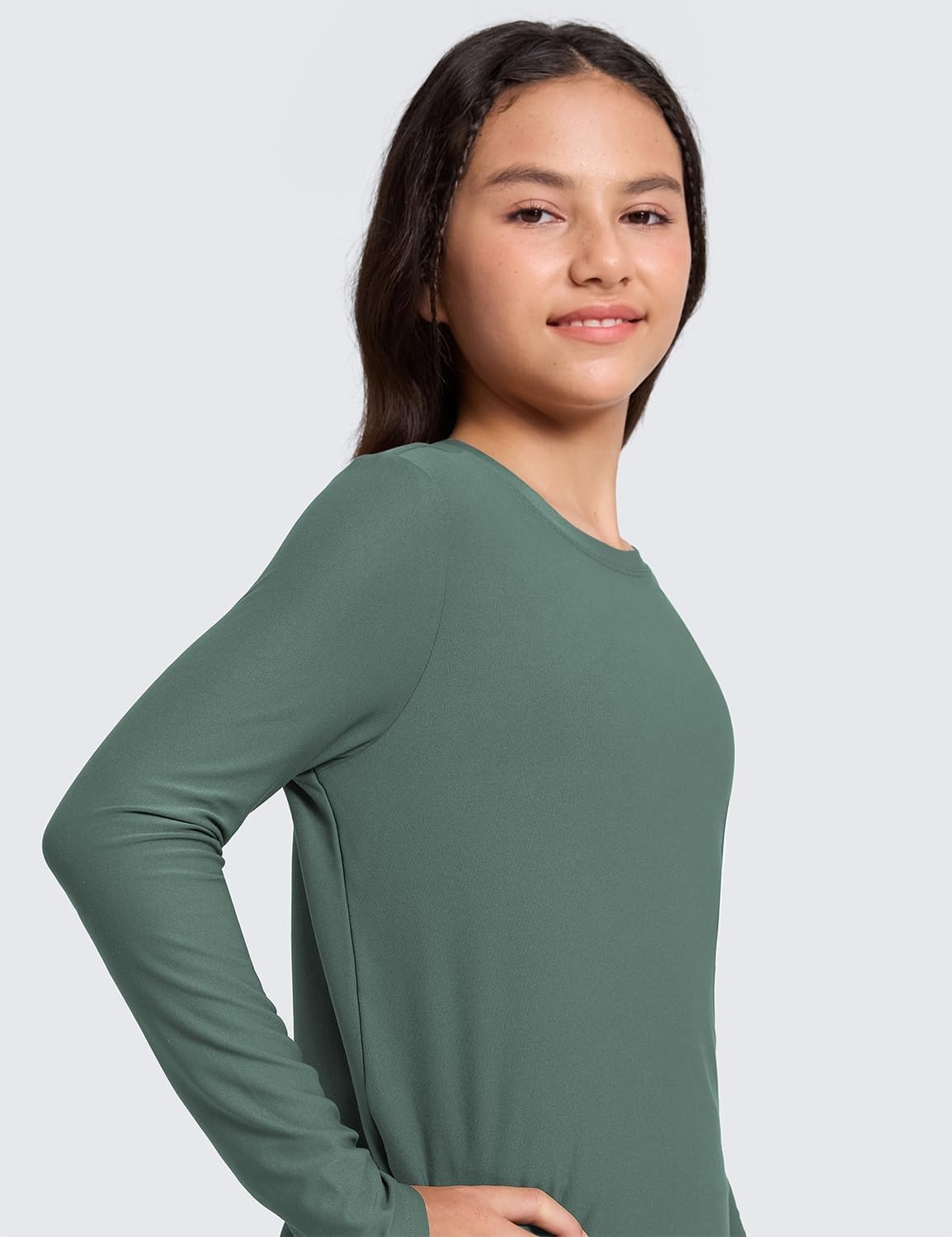 image:imageCRZ YOGA Girls Cloudweight Long Sleeve Athletic Shirts Active Sports Casual Tees Crew Neck Side Slit Winter Kids TeenGraphite Green