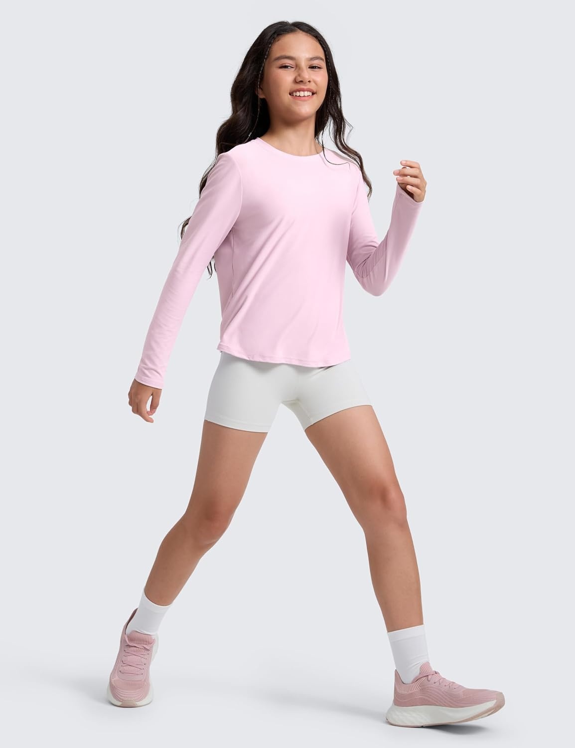 image:imageCRZ YOGA Girls Cloudweight Long Sleeve Athletic Shirts Active Sports Casual Tees Crew Neck Side Slit Winter Kids TeenPink Peony