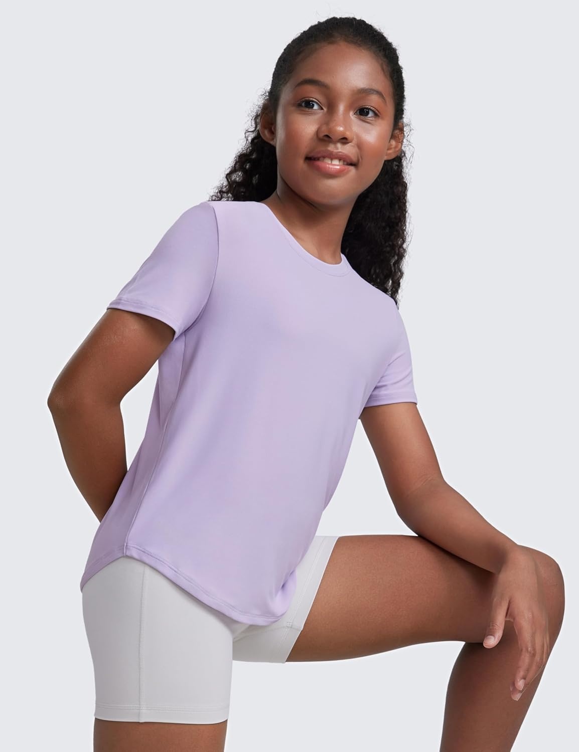 image:imageCRZ YOGA Girls Cloudweight Short Sleeve Athletic T Shirts Active Sports Casual Tees Crew Neck Side Slit Kids TeenLilac Air