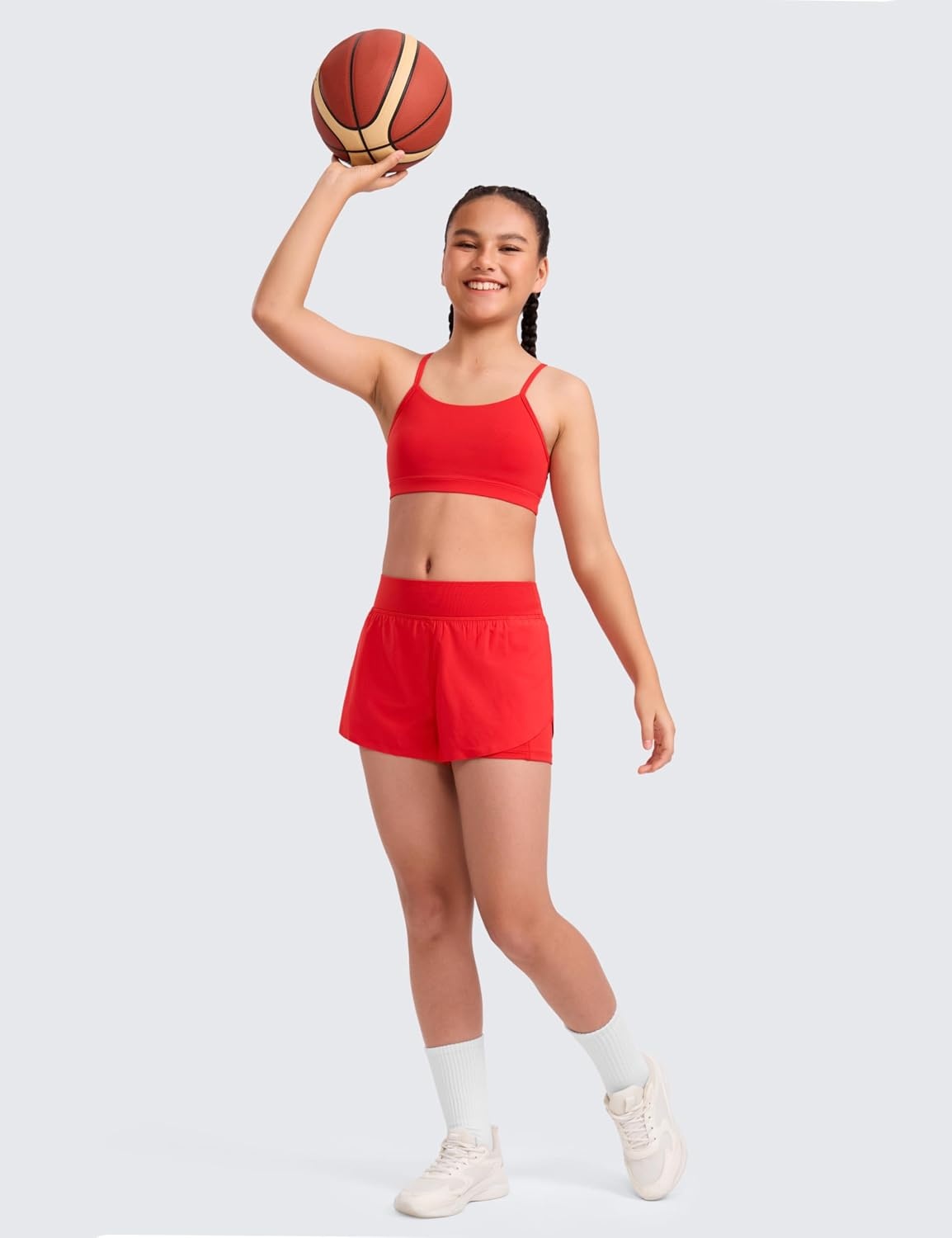 image:imageCRZ YOGA Girls FeatheryFit Soft 2 in 1 Dolphin Athletic Shorts Tennis Soccer Running Casual Liner Pockets Kids TeenDeep Red