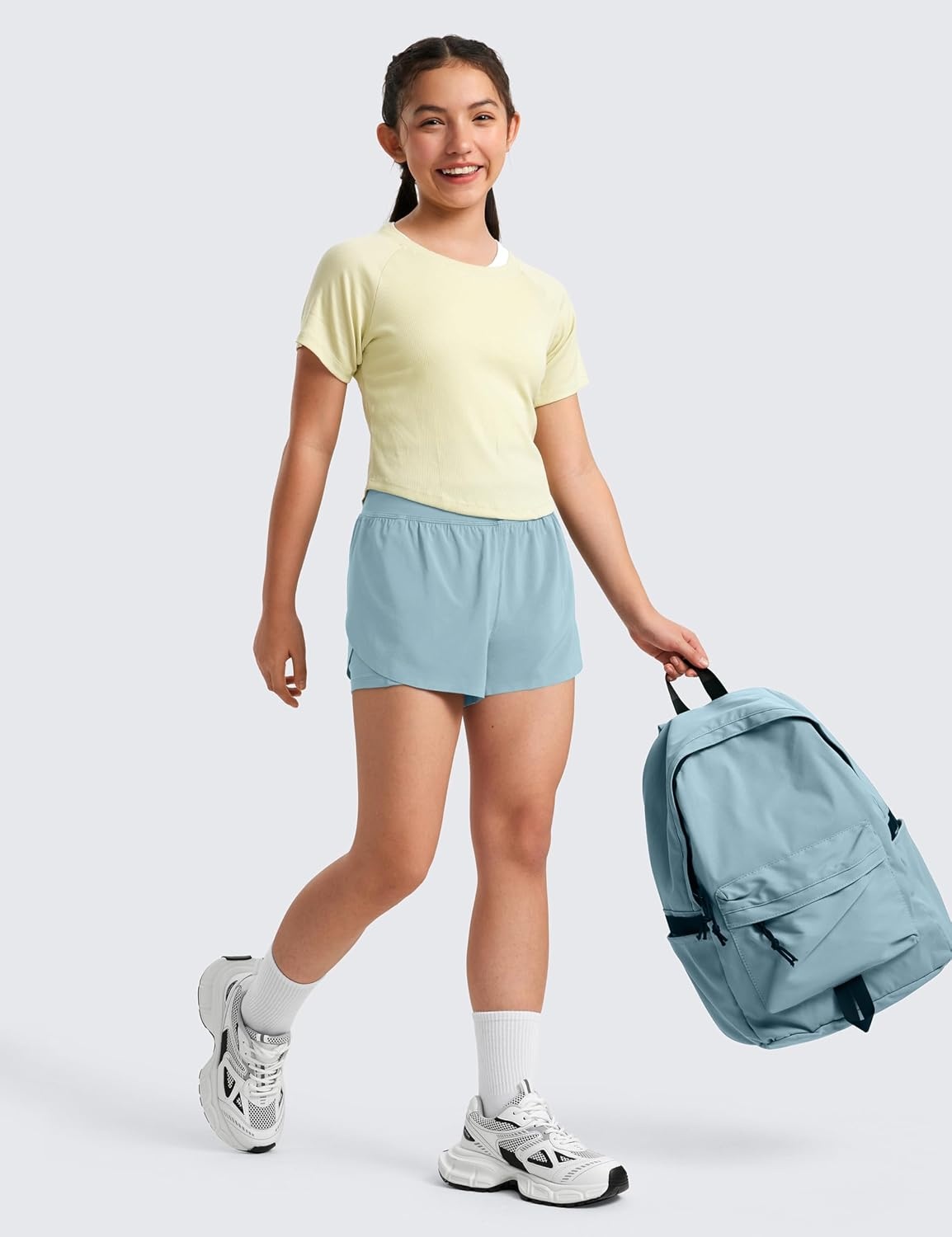 image:imageCRZ YOGA Girls FeatheryFit Soft 2 in 1 Dolphin Athletic Shorts Tennis Soccer Running Casual Liner Pockets Kids TeenLight Grayish Blue