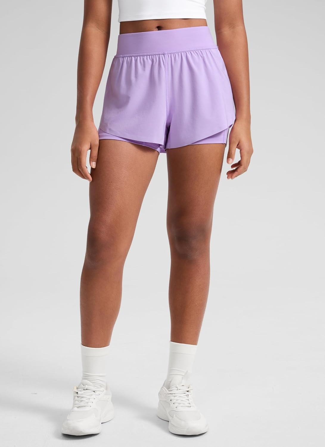 image:imageCRZ YOGA Girls FeatheryFit Soft 2 in 1 Dolphin Athletic Shorts Tennis Soccer Running Casual Liner Pockets Kids TeenLilac
