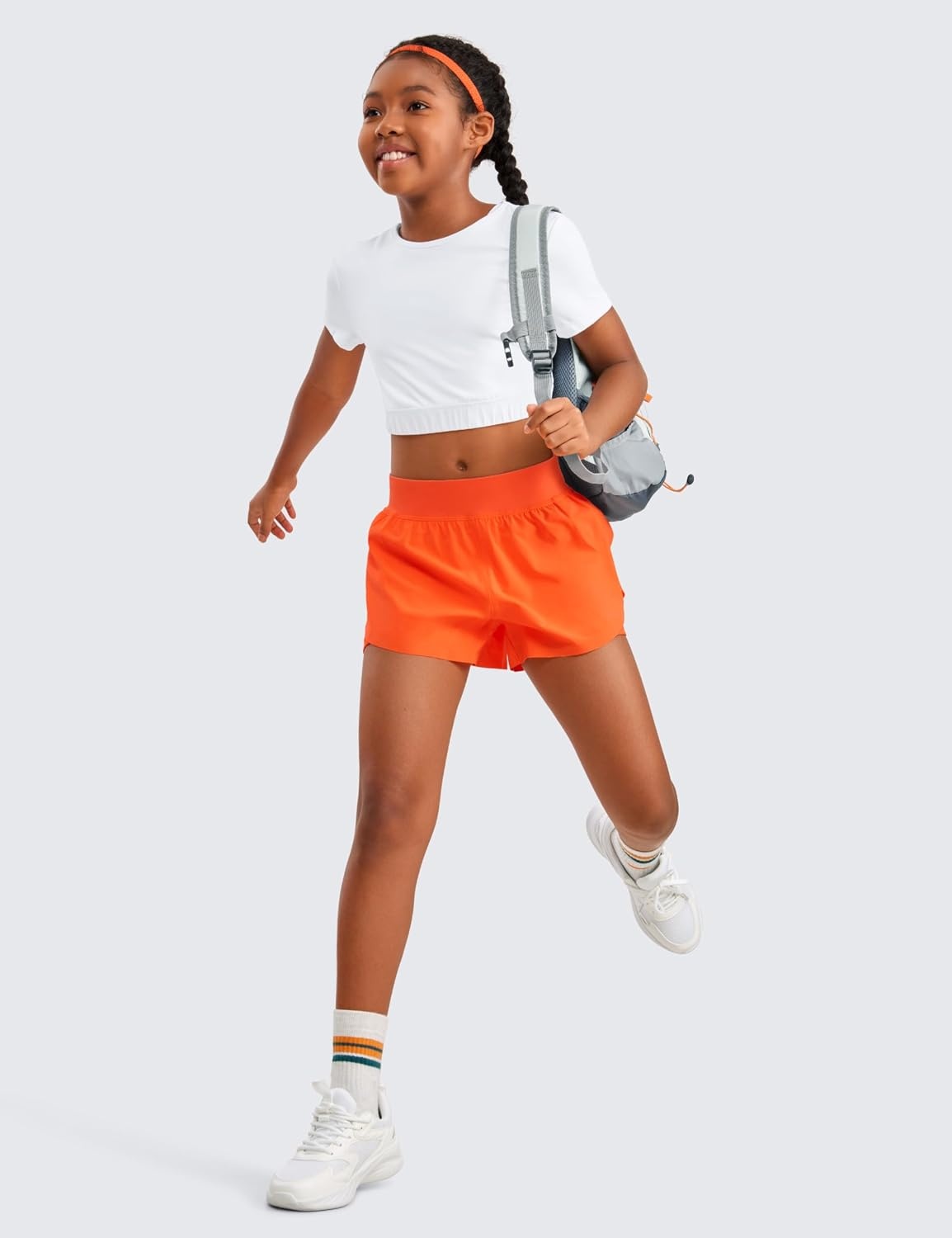 image:imageCRZ YOGA Girls FeatheryFit Soft 2 in 1 Dolphin Athletic Shorts Tennis Soccer Running Casual Liner Pockets Kids TeenNeon Orange
