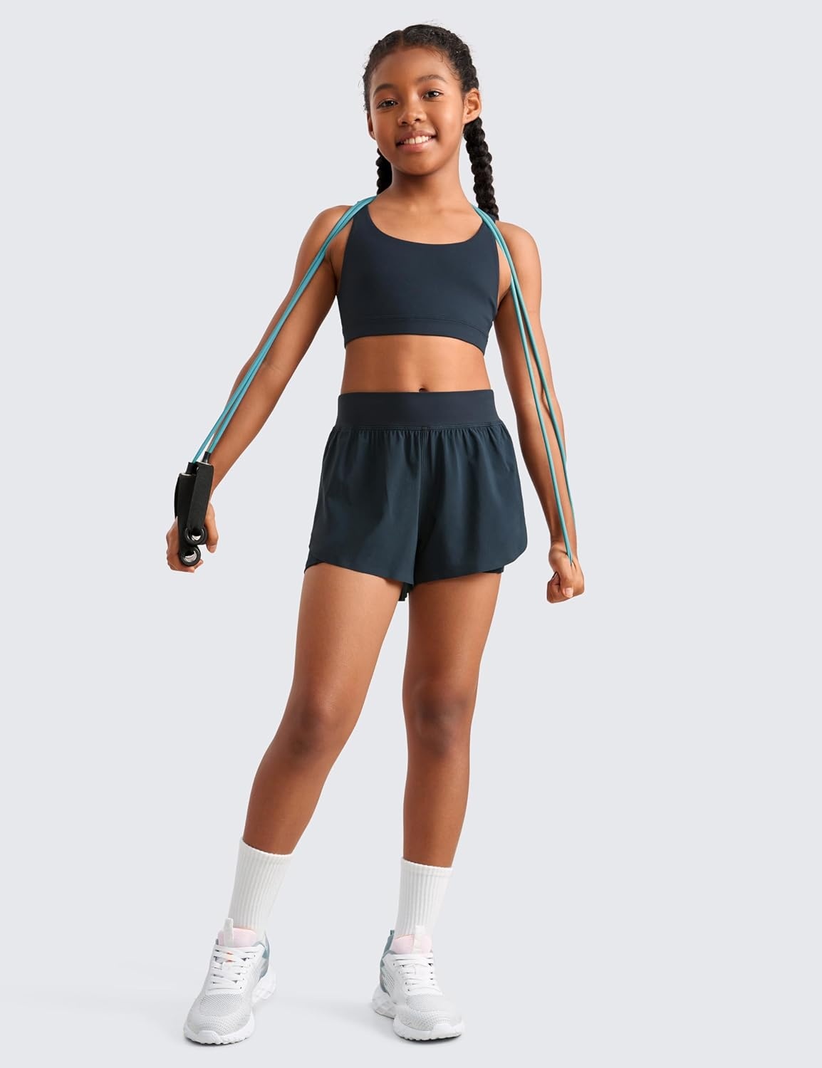 image:imageCRZ YOGA Girls FeatheryFit Soft 2 in 1 Dolphin Athletic Shorts Tennis Soccer Running Casual Liner Pockets Kids TeenTrue Navy