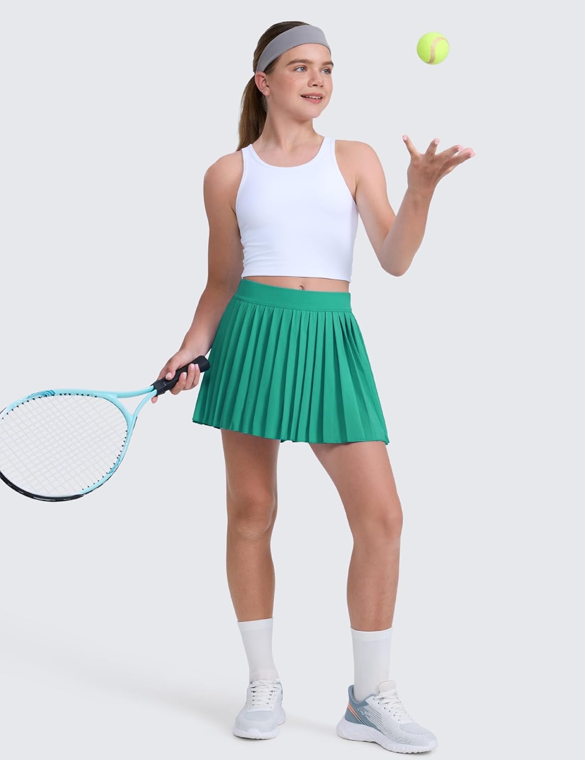image:imageCRZ YOGA Girls FeatheryFit Soft Athletic Pleated Skirts Tennis School Casual Skorts with Pockets Liner Kids TeenCascadia Green