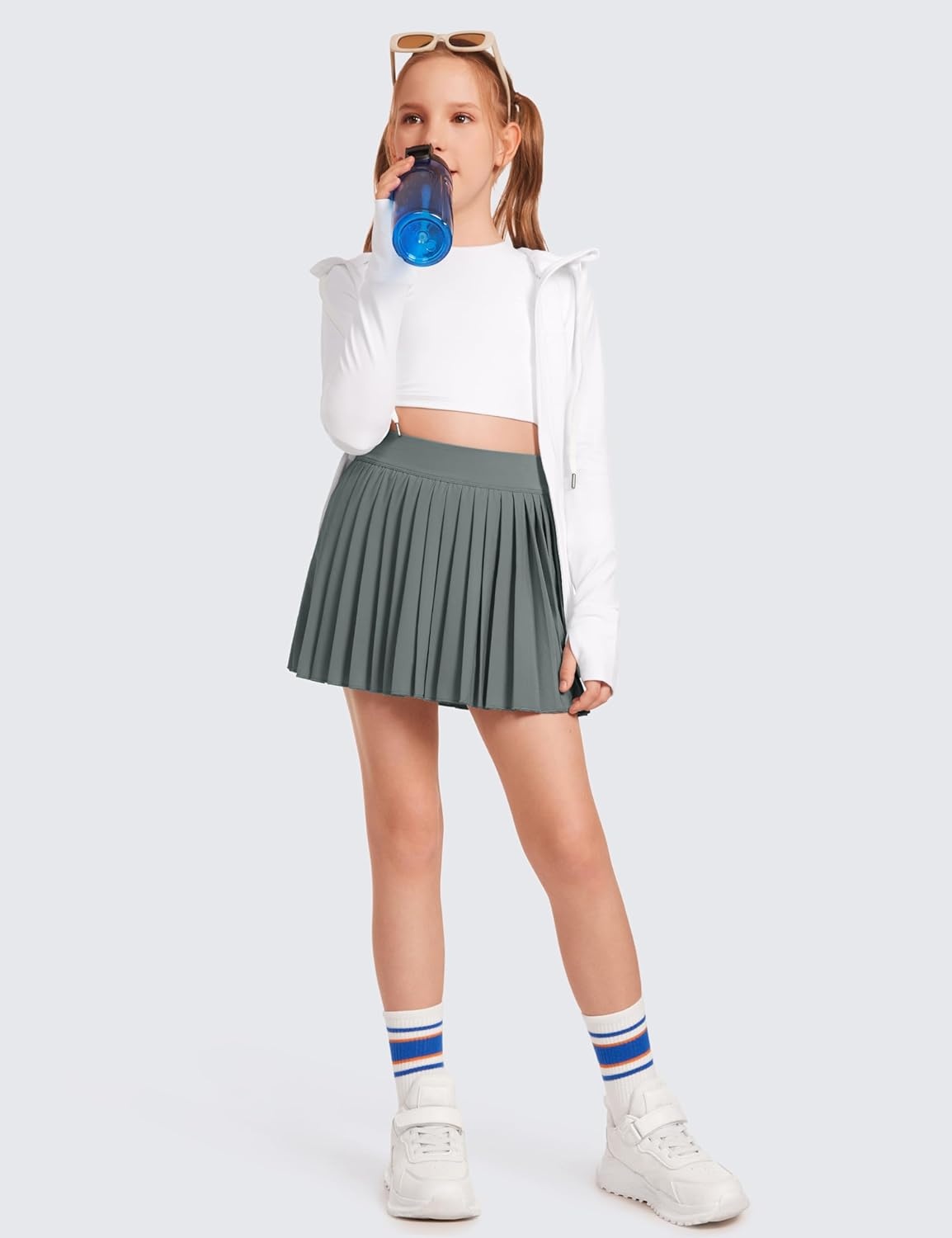 image:imageCRZ YOGA Girls FeatheryFit Soft Athletic Pleated Skirts Tennis School Casual Skorts with Pockets Liner Kids TeenGrey Sage
