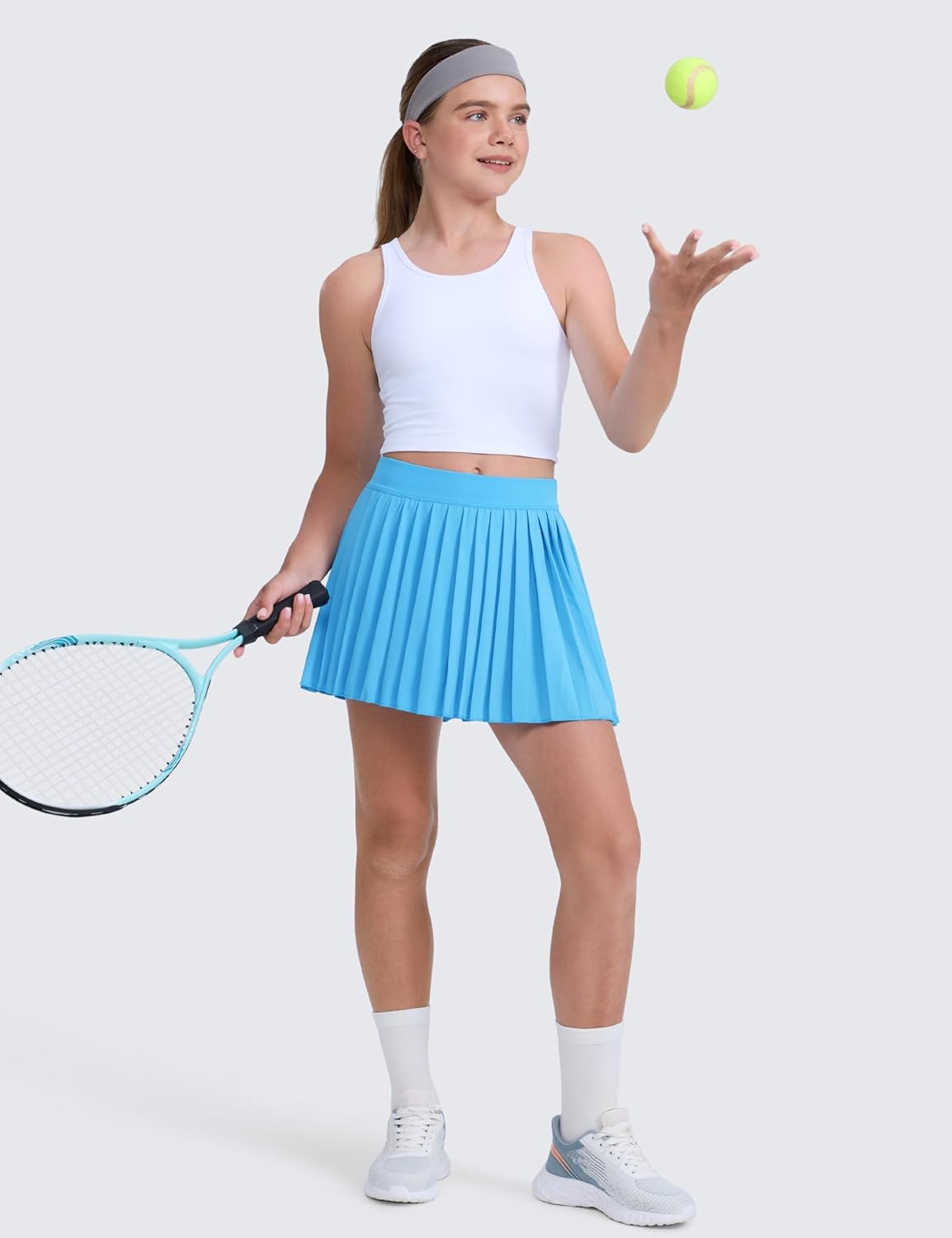 image:imageCRZ YOGA Girls FeatheryFit Soft Athletic Pleated Skirts Tennis School Casual Skorts with Pockets Liner Kids TeenKayak Blue