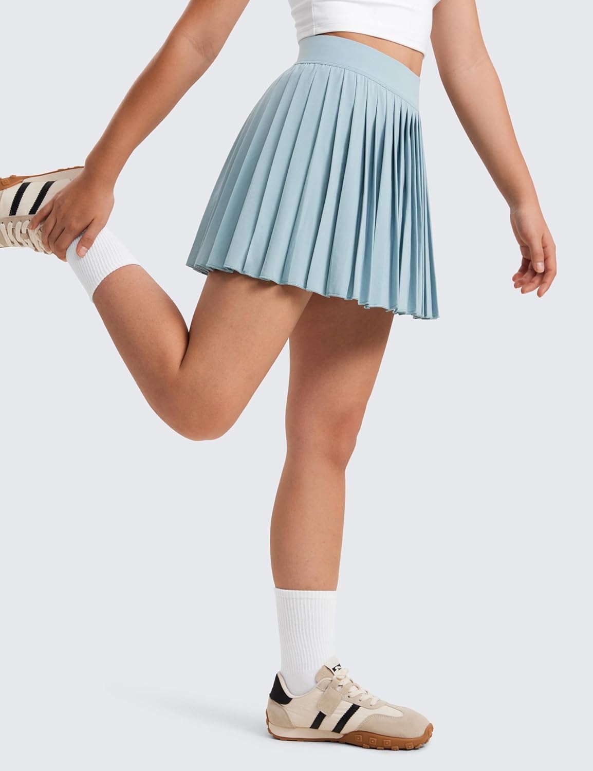image:imageCRZ YOGA Girls FeatheryFit Soft Athletic Pleated Skirts Tennis School Casual Skorts with Pockets Liner Kids TeenLight Grayish Blue