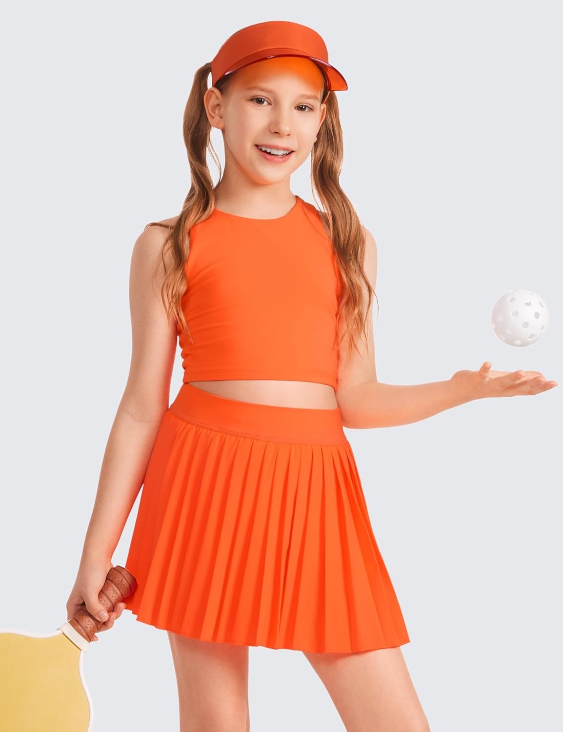 image:imageCRZ YOGA Girls FeatheryFit Soft Athletic Pleated Skirts Tennis School Casual Skorts with Pockets Liner Kids TeenNeon Orange