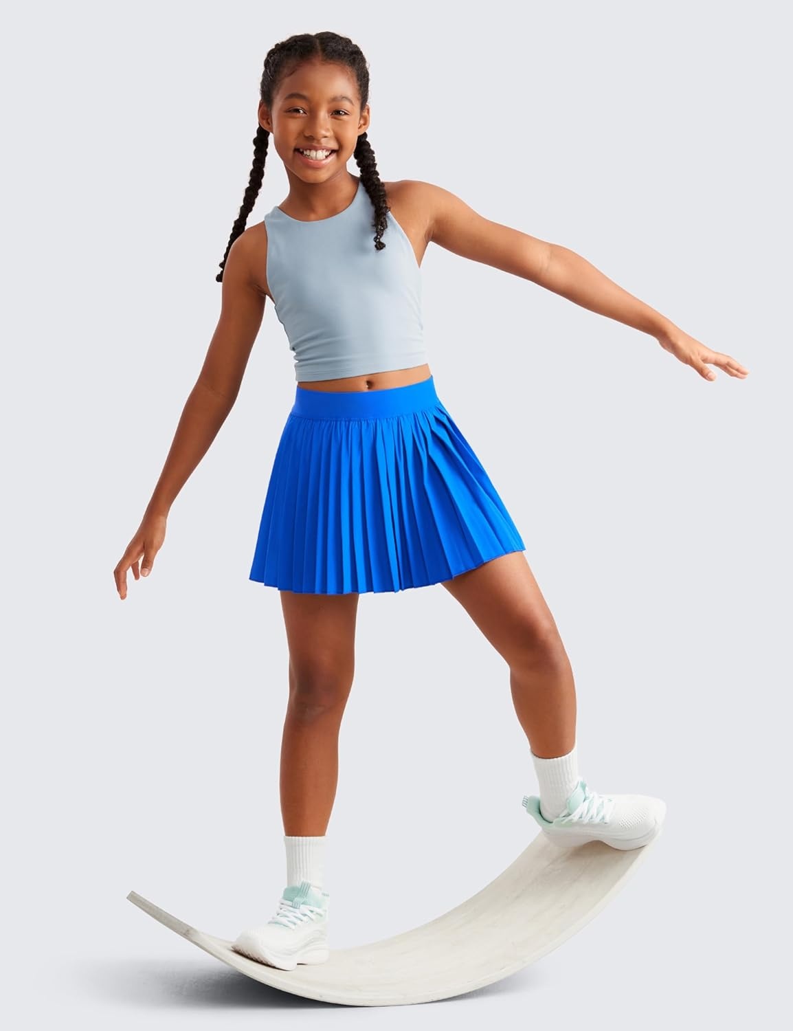 image:imageCRZ YOGA Girls FeatheryFit Soft Athletic Pleated Skirts Tennis School Casual Skorts with Pockets Liner Kids TeenSparkle Blue