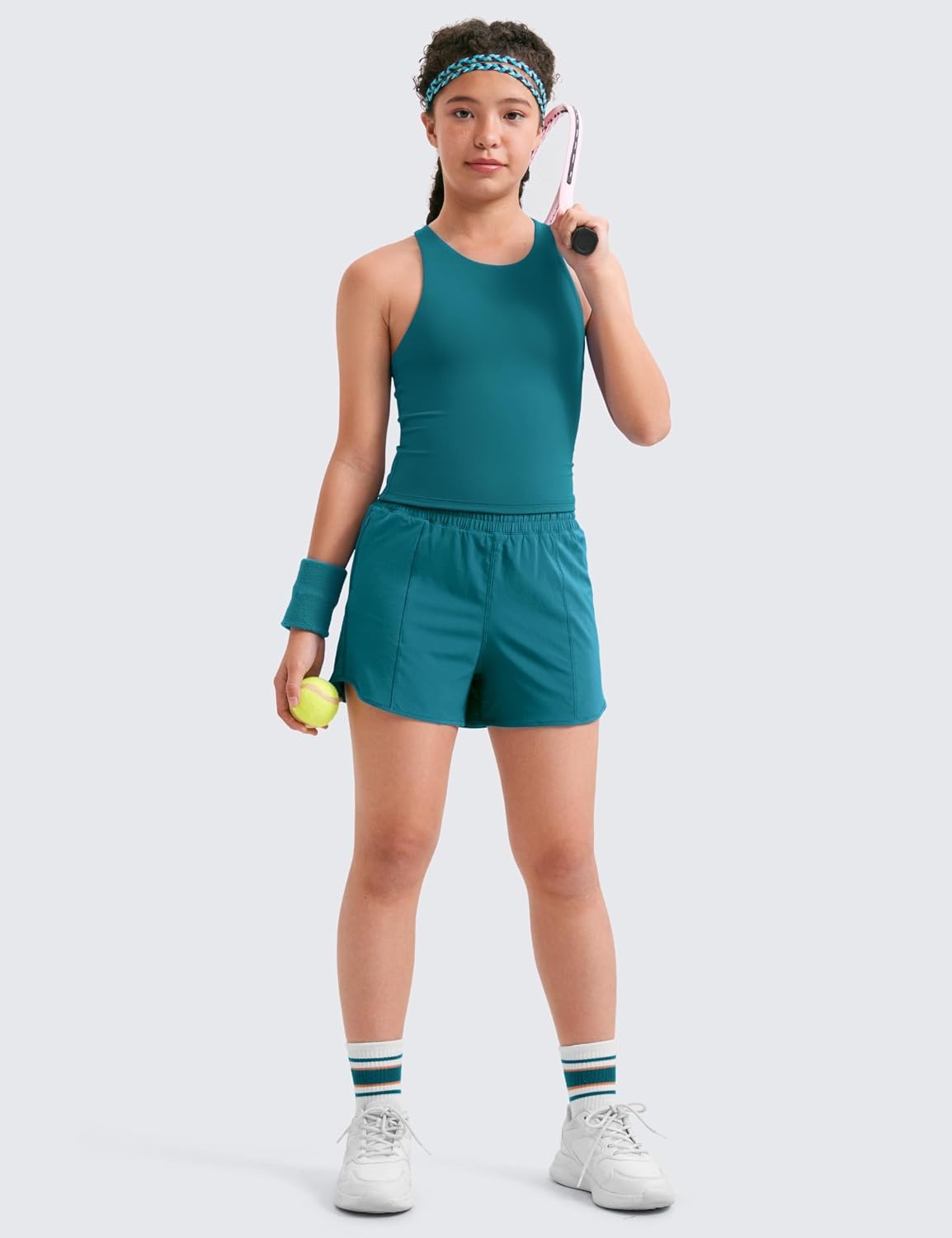 image:imageCRZ YOGA Girls FeatheryFit Soft Athletic Shorts with Zipper Pocket Tennis Soccer Running Casual Liner Kids TeenBorealis Green