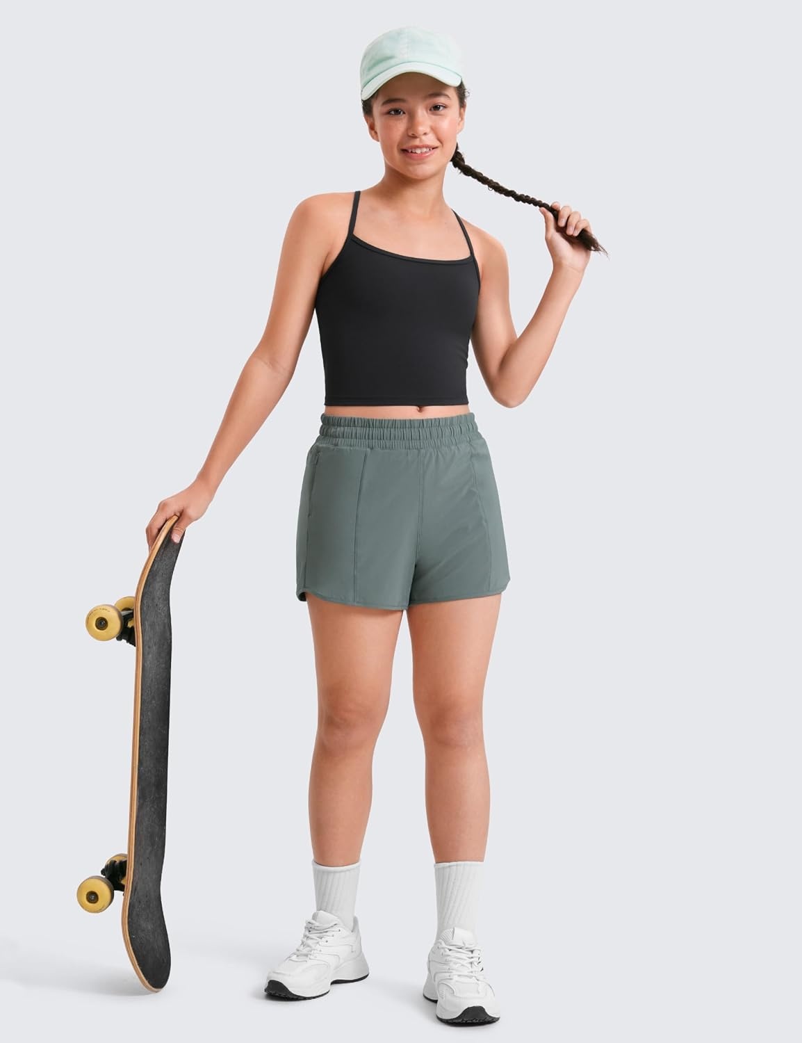 image:imageCRZ YOGA Girls FeatheryFit Soft Athletic Shorts with Zipper Pocket Tennis Soccer Running Casual Liner Kids TeenGrey Sage