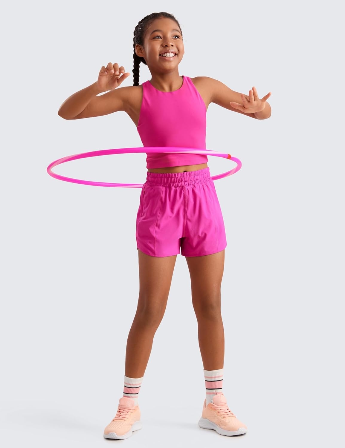 image:imageCRZ YOGA Girls FeatheryFit Soft Athletic Shorts with Zipper Pocket Tennis Soccer Running Casual Liner Kids TeenHibiscus Purple