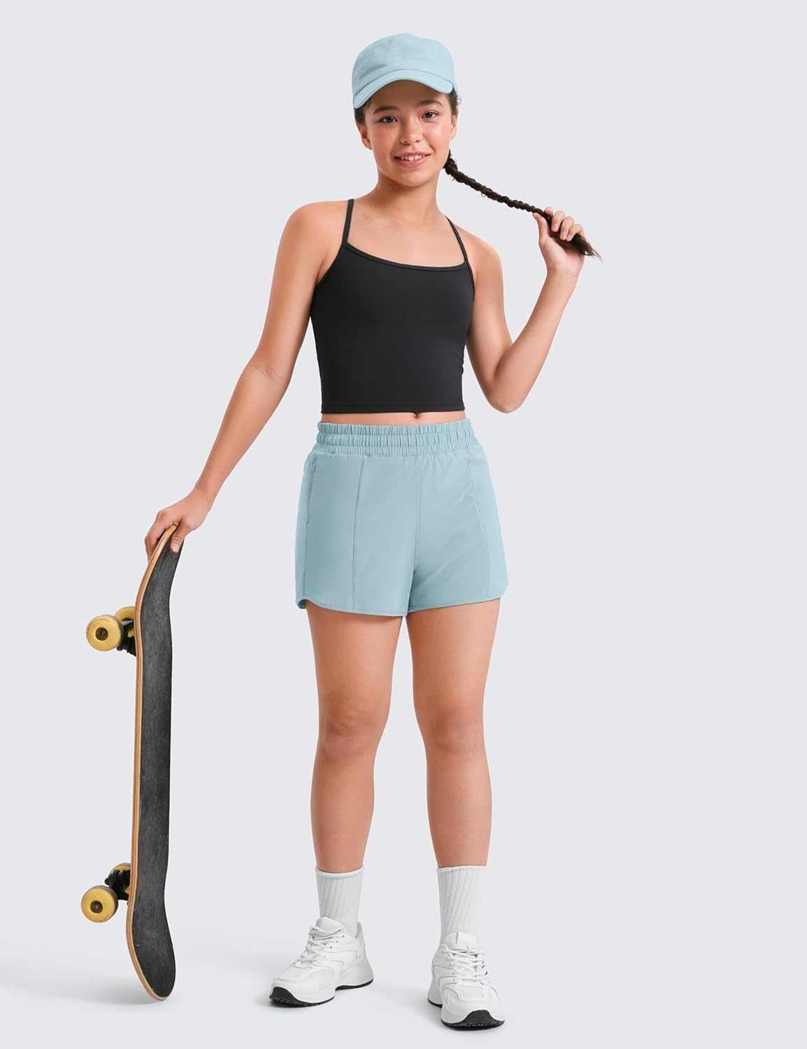 image:imageCRZ YOGA Girls FeatheryFit Soft Athletic Shorts with Zipper Pocket Tennis Soccer Running Casual Liner Kids TeenLight Grayish Blue
