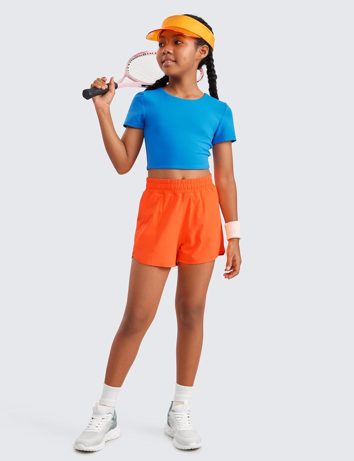 image:imageCRZ YOGA Girls FeatheryFit Soft Athletic Shorts with Zipper Pocket Tennis Soccer Running Casual Liner Kids TeenNeon Orange