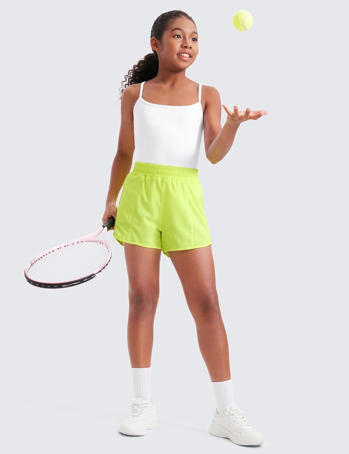 image:imageCRZ YOGA Girls FeatheryFit Soft Athletic Shorts with Zipper Pocket Tennis Soccer Running Casual Liner Kids TeenNeon Yellow