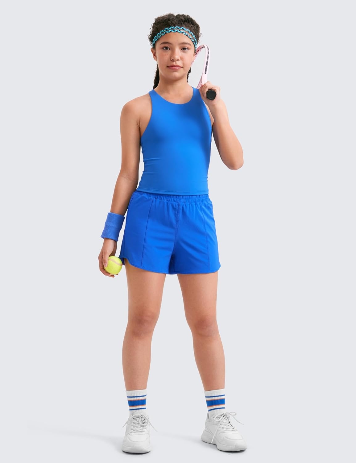 image:imageCRZ YOGA Girls FeatheryFit Soft Athletic Shorts with Zipper Pocket Tennis Soccer Running Casual Liner Kids TeenSparkle Blue