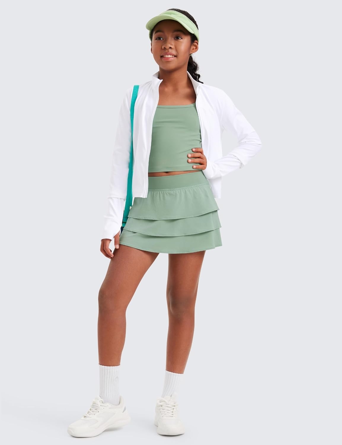 image:imageCRZ YOGA Girls FeatheryFit Soft Ruffle Athletic Skirts Tennis School Casual Skorts with Pockets Liner Kids TeenGreen Palm Court