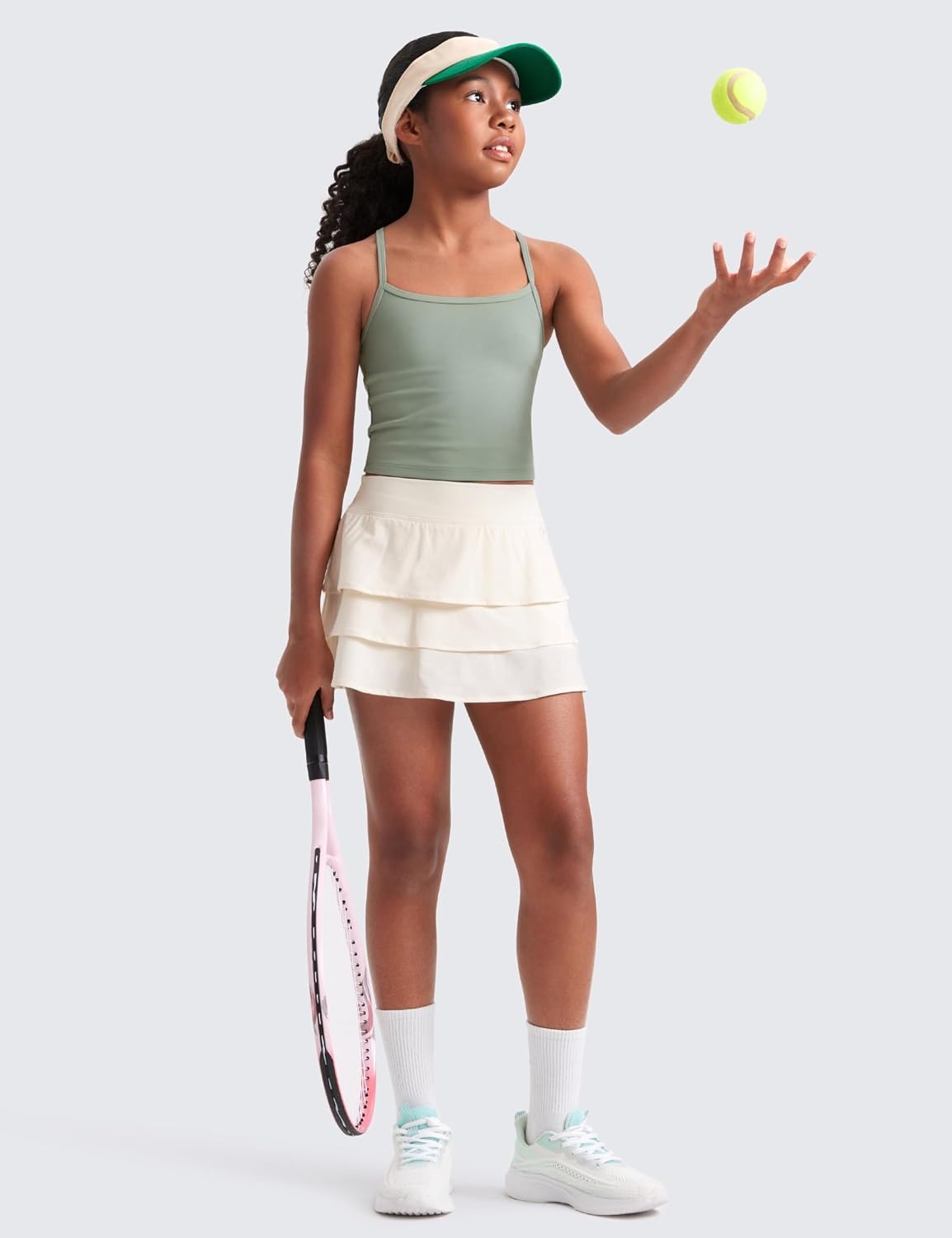 image:imageCRZ YOGA Girls FeatheryFit Soft Ruffle Athletic Skirts Tennis School Casual Skorts with Pockets Liner Kids TeenWhite Apricot