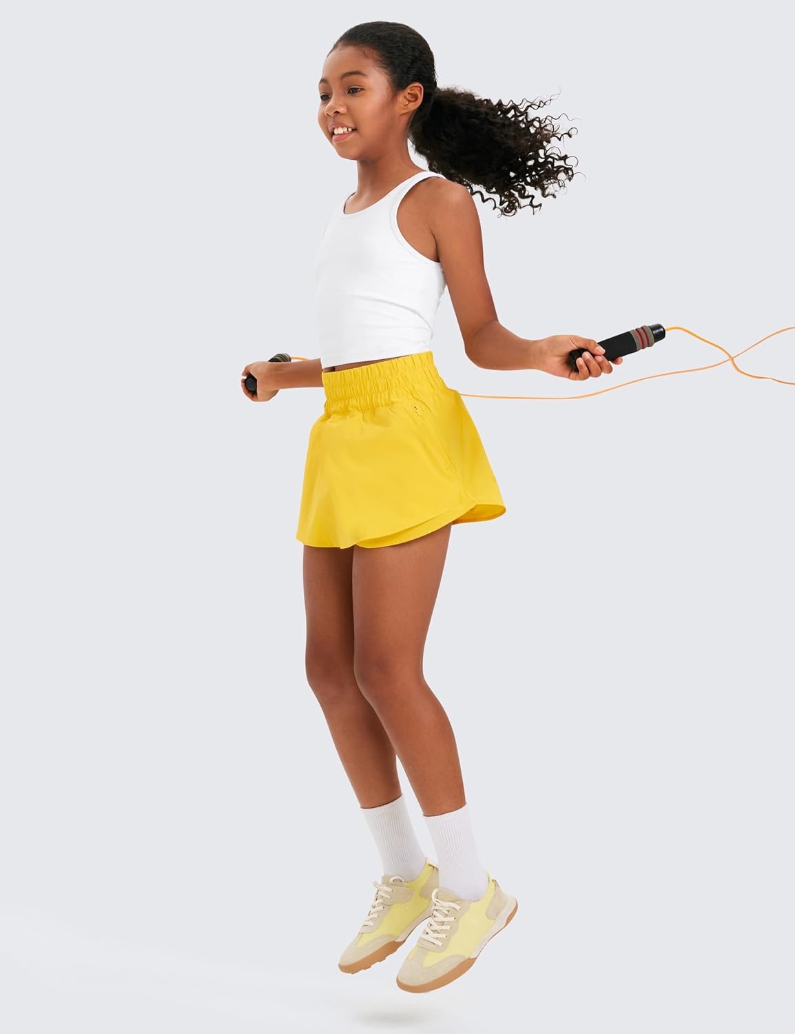 image:imageCRZ YOGA Girls FeatheryFit Soft Skirty Athletic Shorts Tennis Soccer Casual Flowy Ruffle Zip Pocket Liner Kids TeenHigh Visibility Yellow